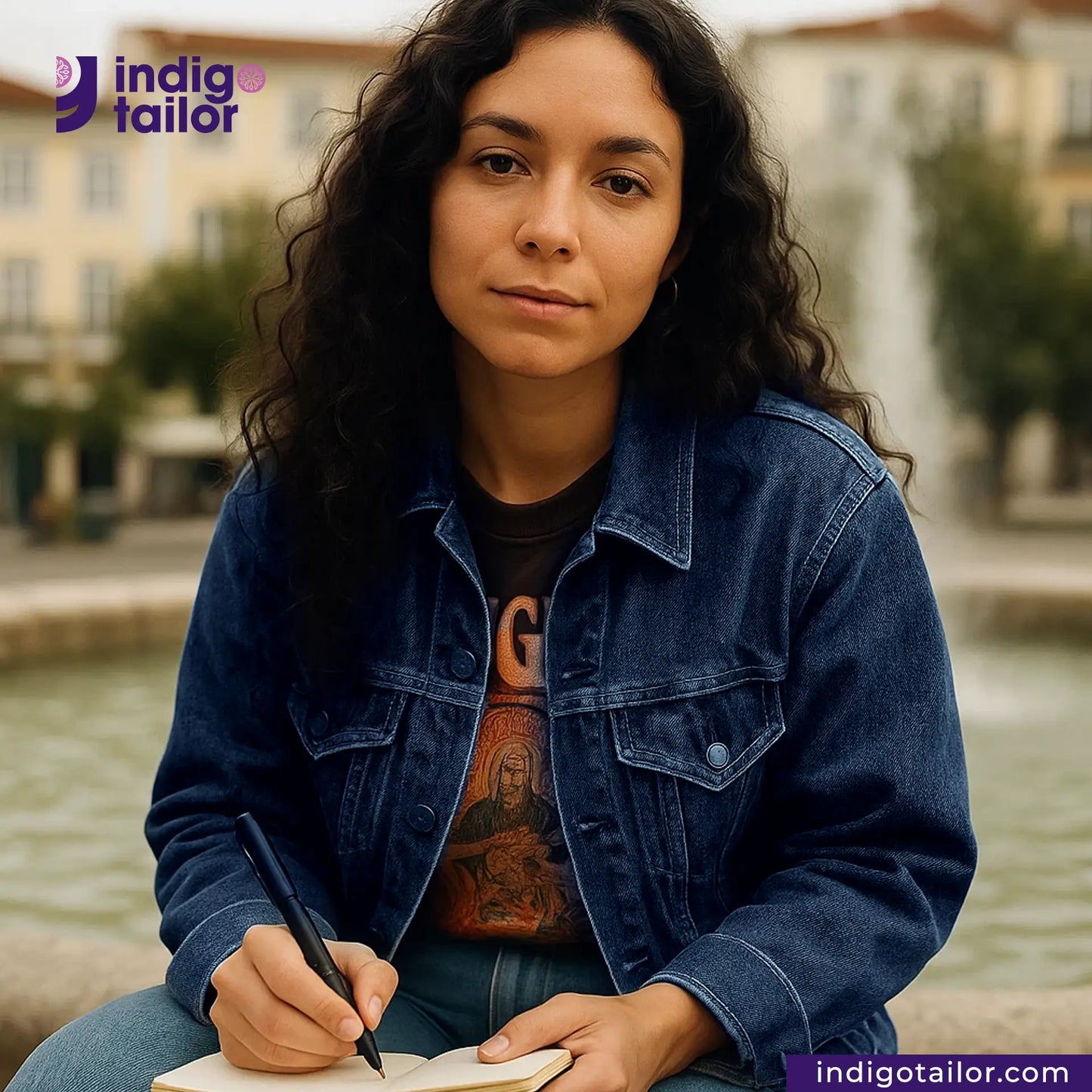 Woman in a KUROKI CLASSIC RED LINE SELVEDGE jacket holding a pen and notebook with 'indigotailor' branding.