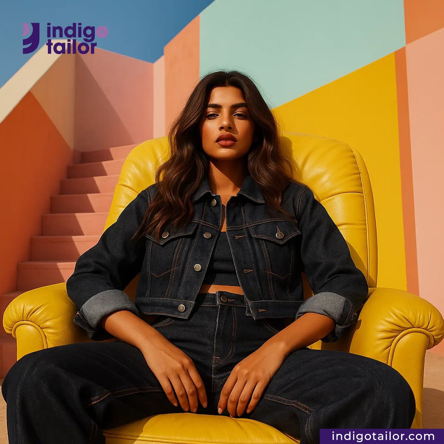 Woman sitting on a yellow chair against a colorful geometric background with 'indigo tailor' branding. wearing KUROKI SLUBBY AND HEAVY DEEP INDIGO PINK SELVEDGE outfits.