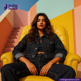 Woman sitting on a yellow chair against a colorful geometric background with 'indigo tailor' branding. wearing KUROKI SLUBBY AND HEAVY DEEP INDIGO PINK SELVEDGE outfits.