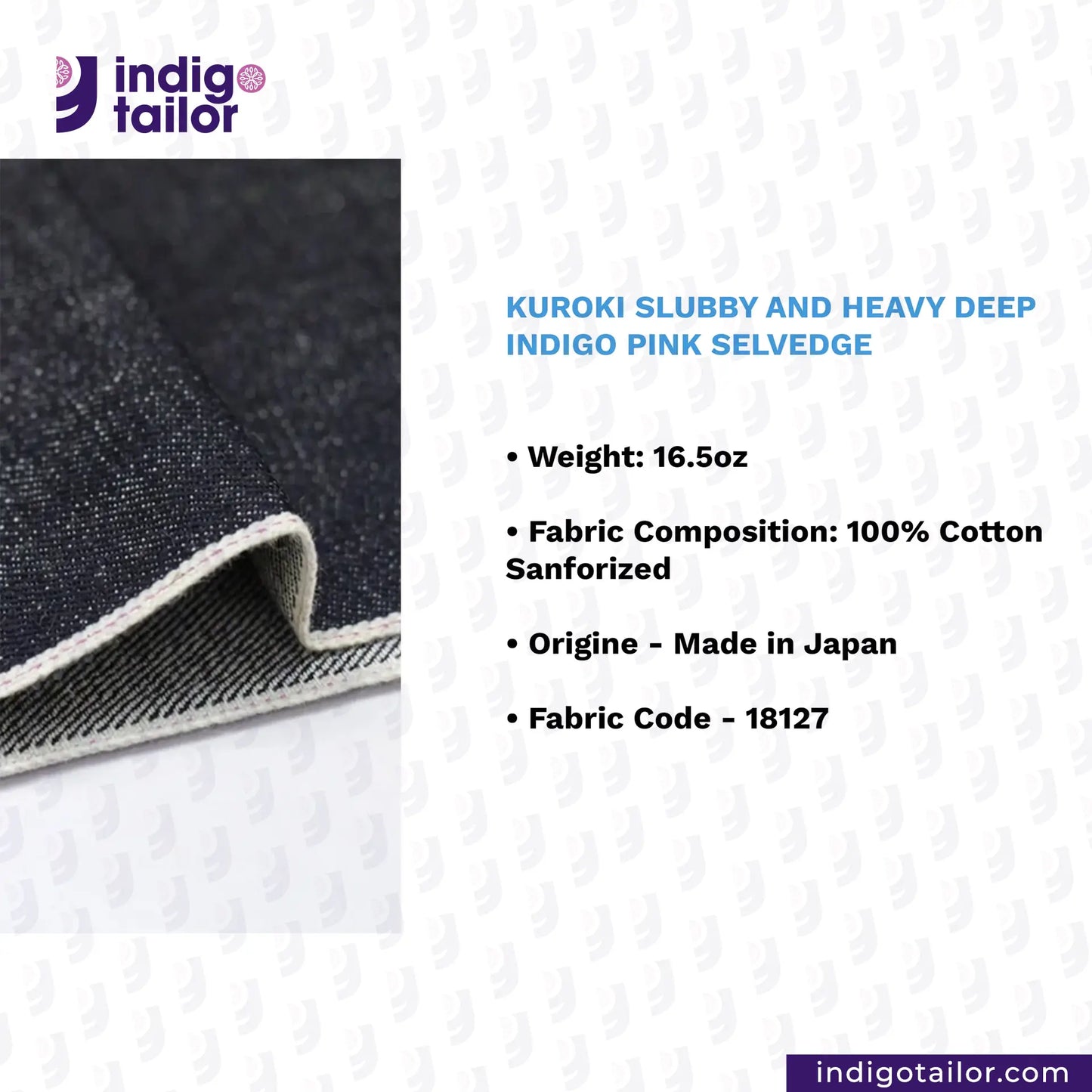 Kuroki Slubby and Heavy Deep Indigo Pink Selvedge fabric with product details on a white background.