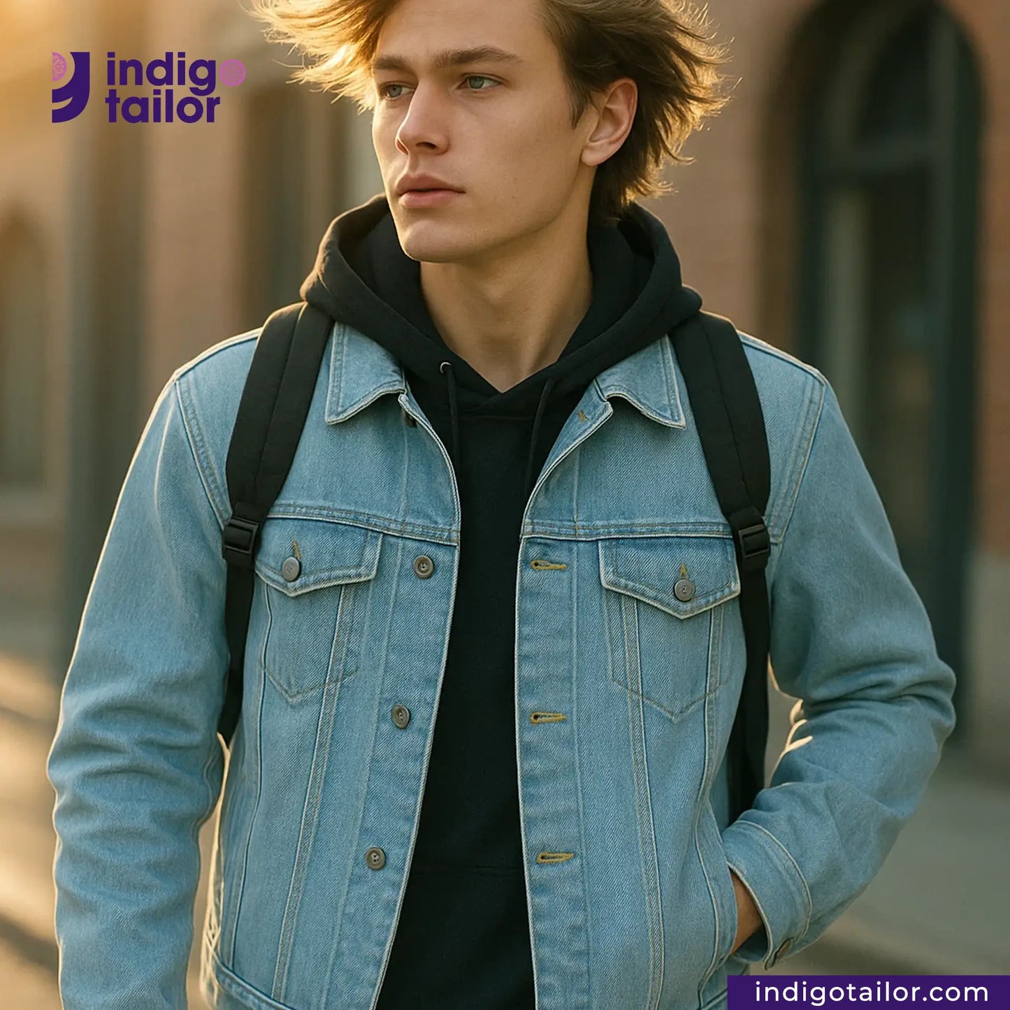 Man wearing a LIGHT WASHED SELVEDGE DENIM LIME SELVEDGE ID jacket with 'indigo tailor' branding in the corner.