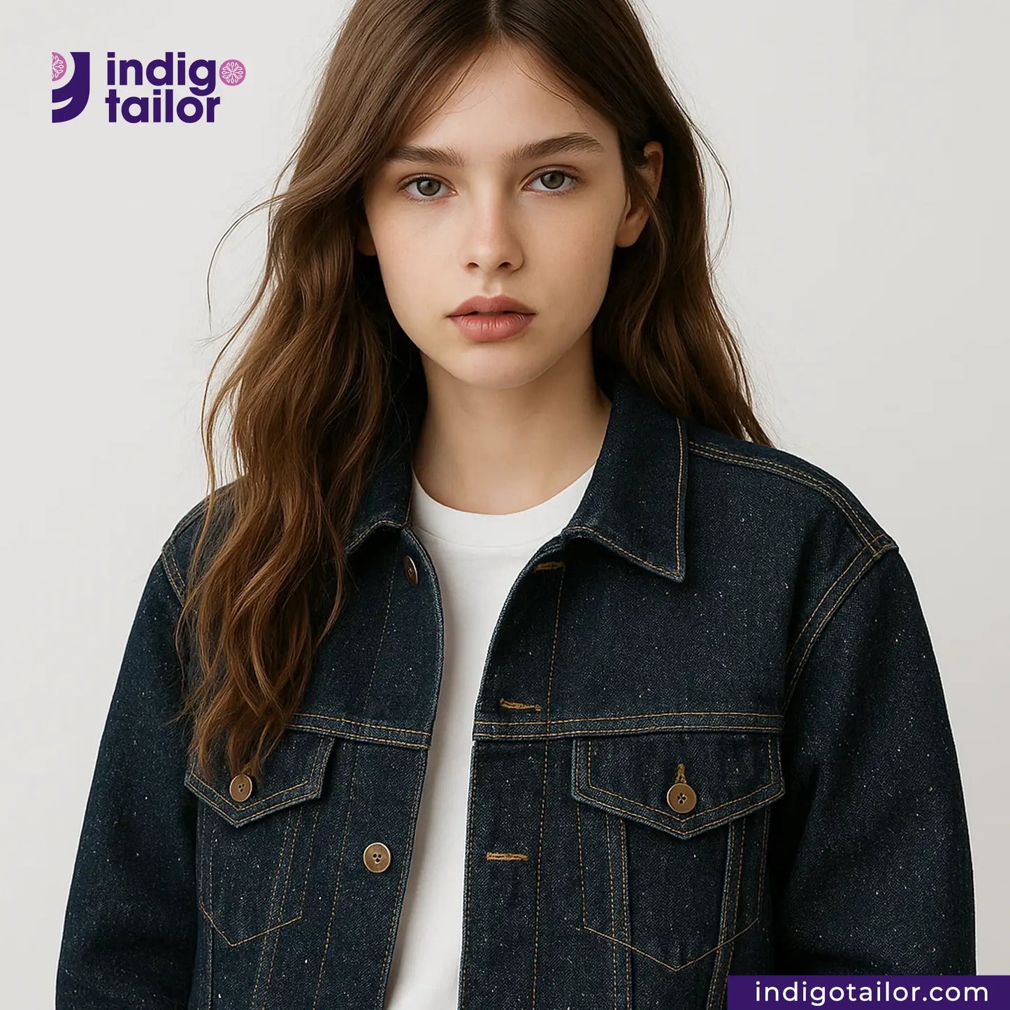 Woman wearing a LOW TENSION SLUBBY, NEPPY AND HEAVY SELVEDGE DENIM jacket with Indigotailor logo and website in the corner.