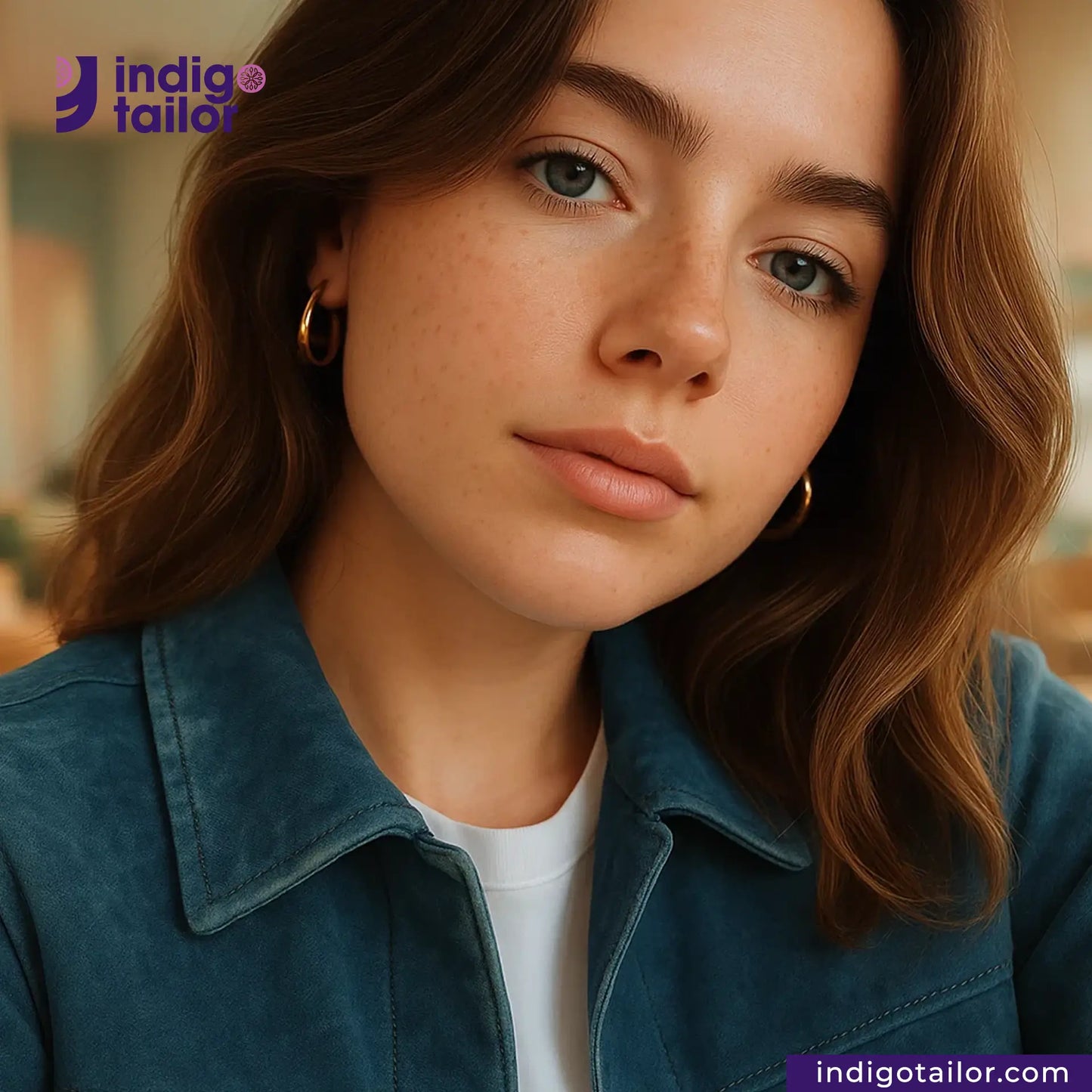 Woman wearing a NATURAL INDIGO DYED SUEDE jacket with Indigotailor logo in the corner.