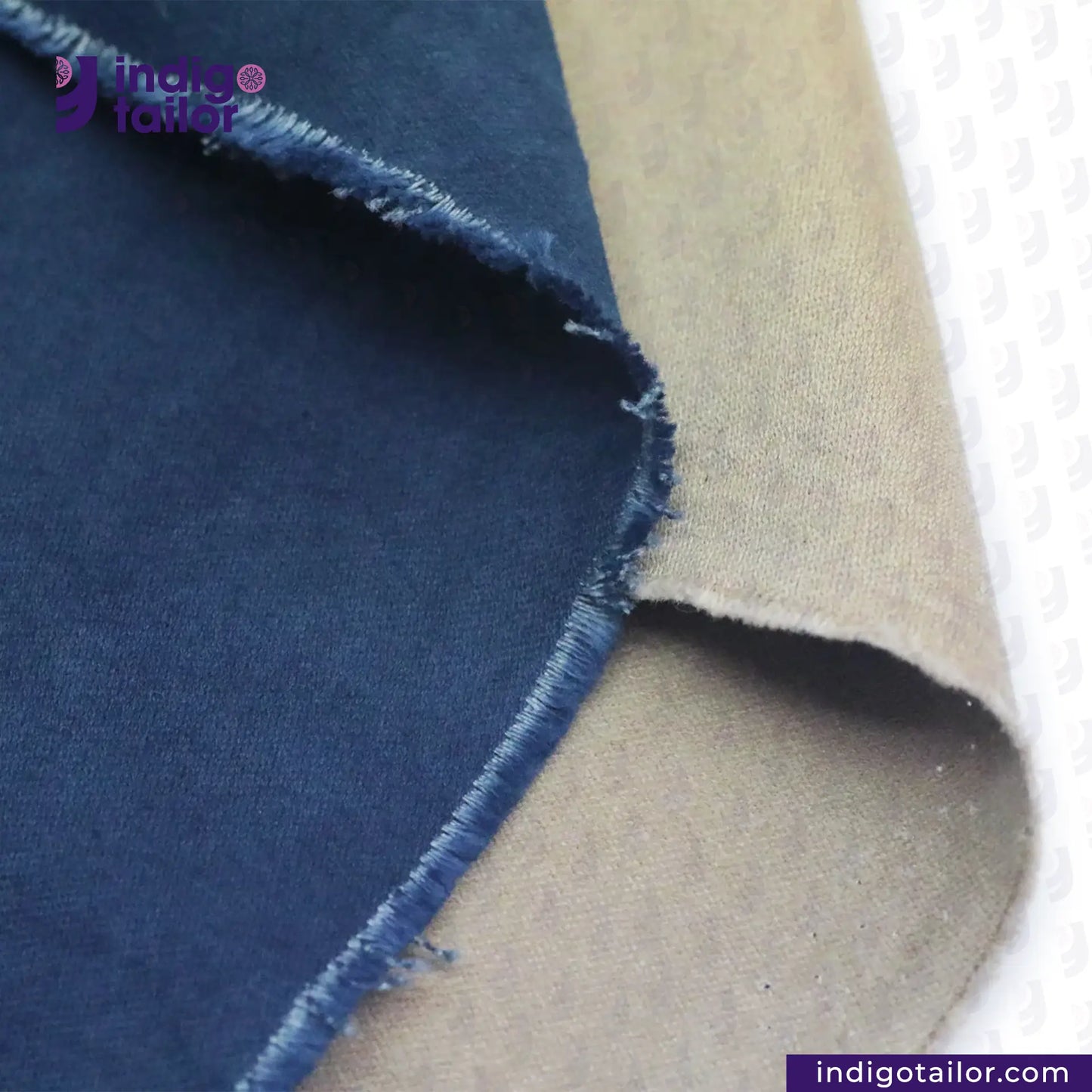 Close-up of NATURAL INDIGO DYED SUEDE fabric with 'indigotailor' branding.