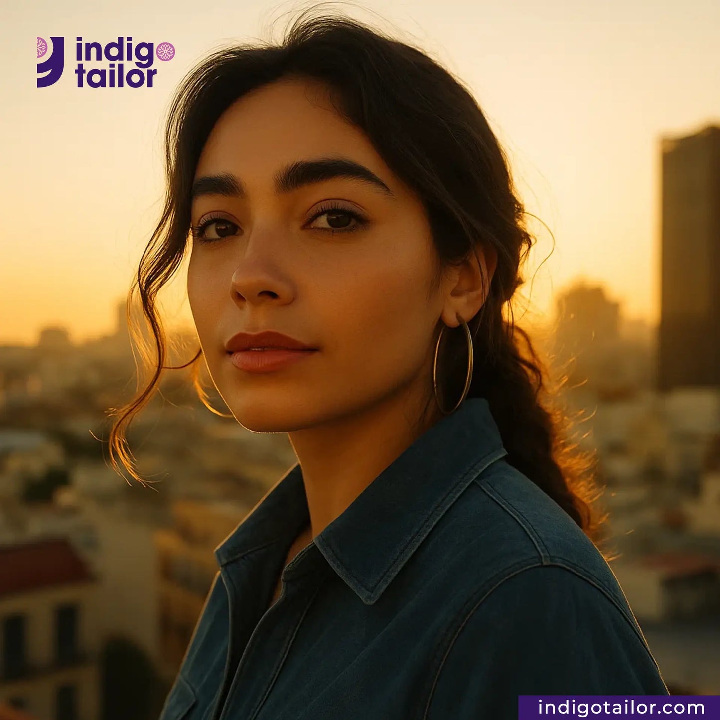 Woman with a blurred cityscape background, featuring the Indigotailor logo. wearing NATURAL INDIGO DYED SUEDE shirt.