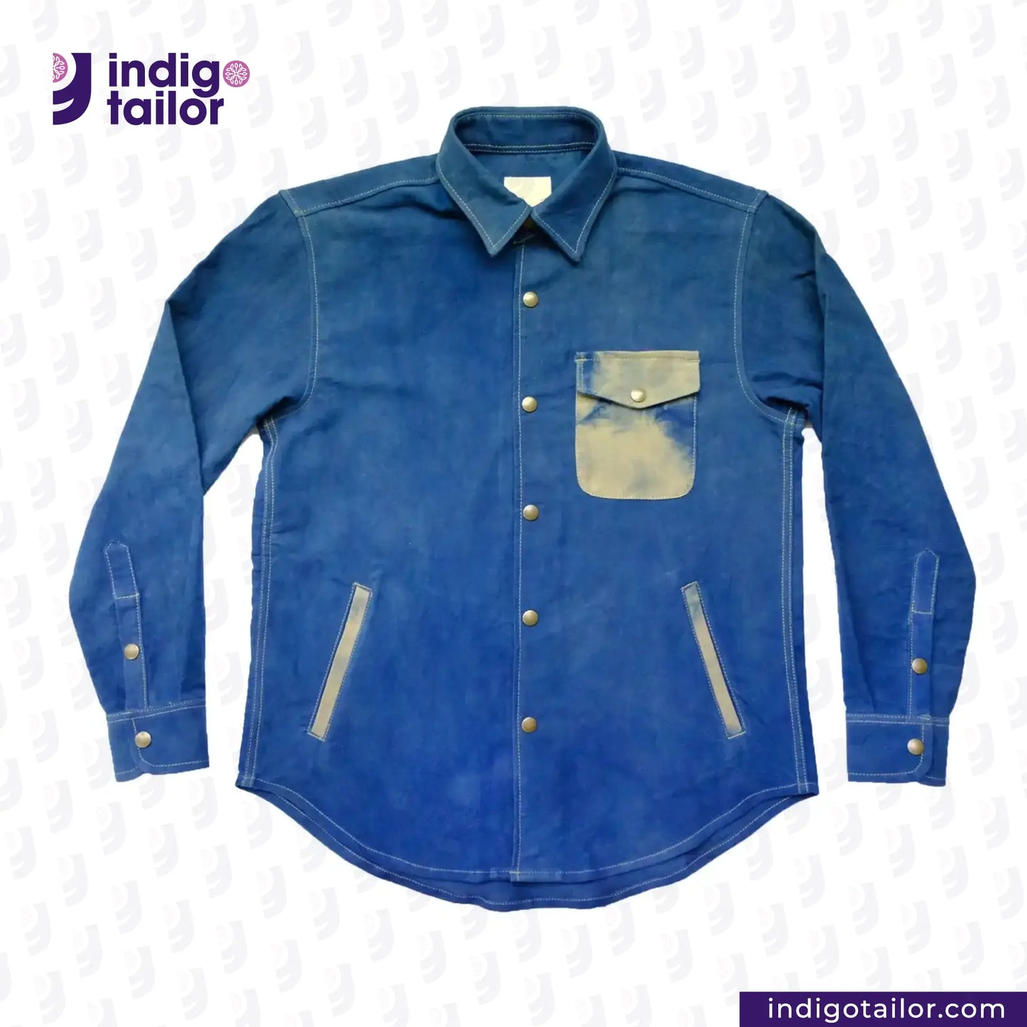 NATURAL INDIGO SUEDE SHACKET shirt with gold buttons on a white background, featuring the Indigotailor logo.