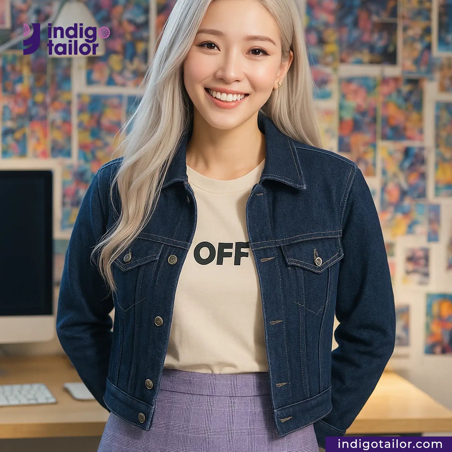 Woman wearing a NDL200 INDIGO x INDIGO HERRINGBONE DENIM jacket over a 'OFF' shirt with Indigotailor branding.
