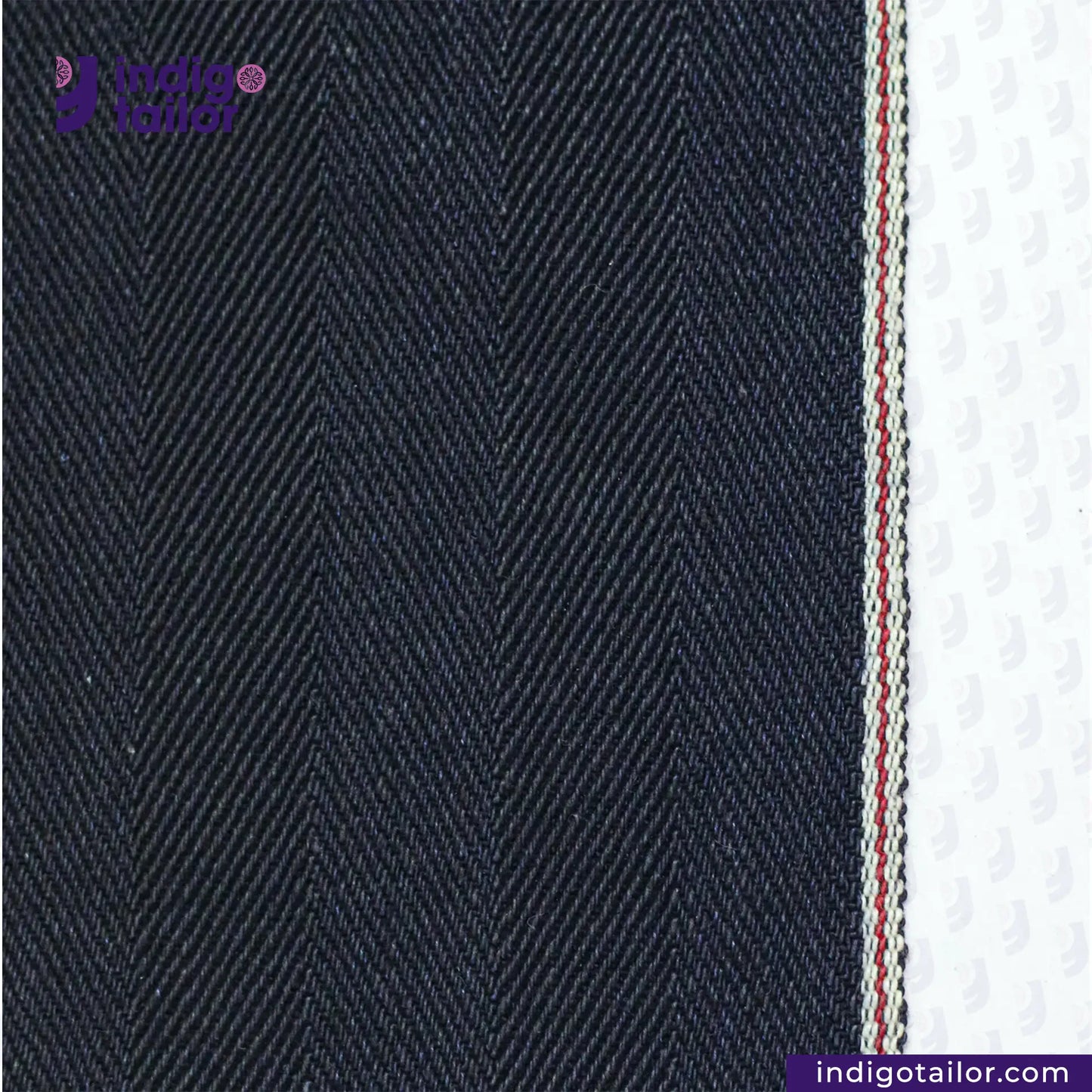 Close-up of NDL200 INDIGO x INDIGO HERRINGBONE DENIM fabric with a striped pattern on a white background, featuring the Indigotailor.com logo.