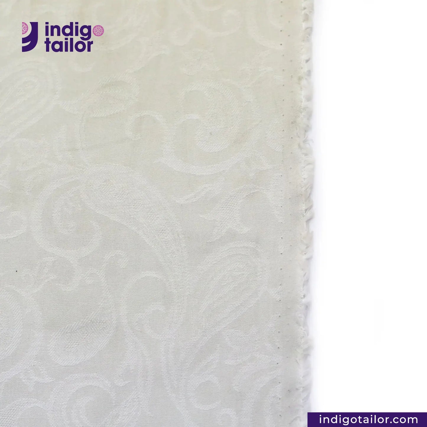 OFF-WHITE PAISLEY JACQUARD fabric swatch with 'Indigotailor' logo and website URL.