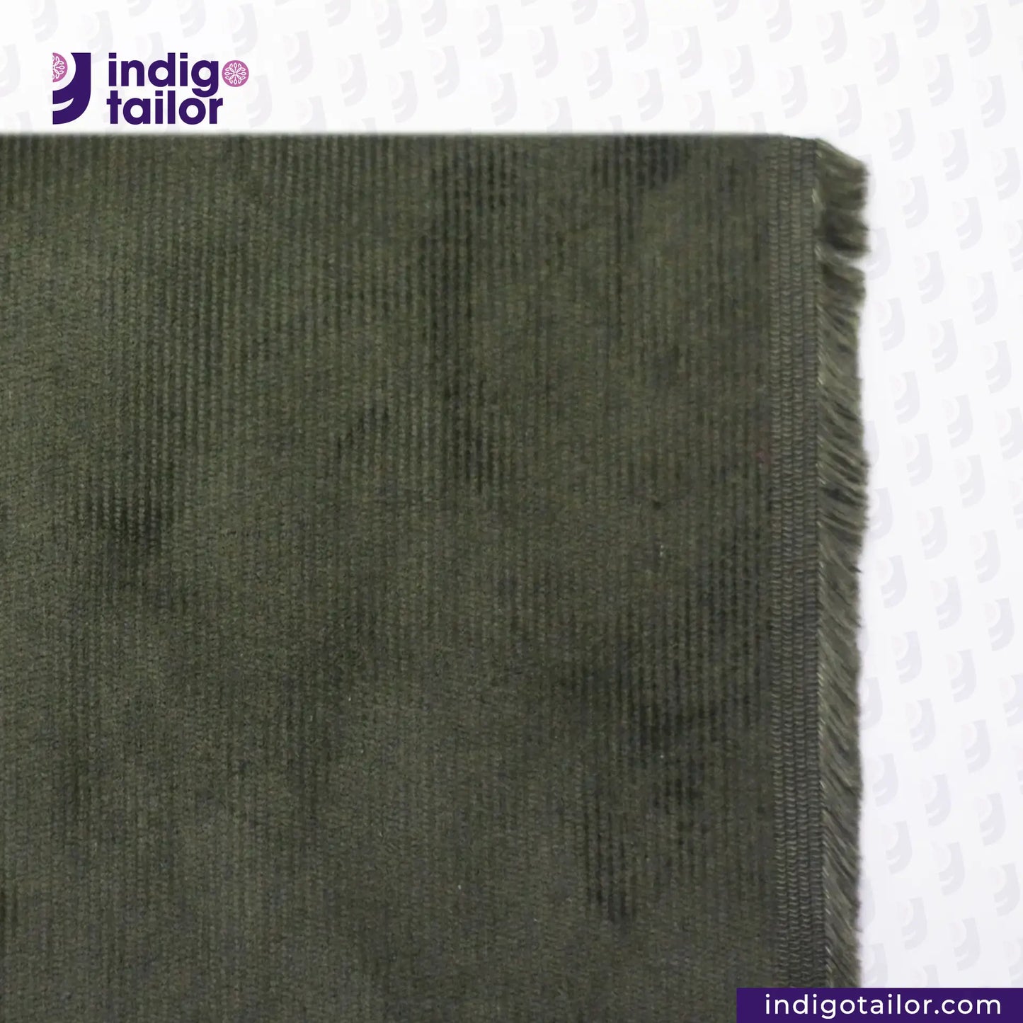 Close-up of OLIVE CORDUROY fabric with 'indigotailor' logo and website URL at the bottom.