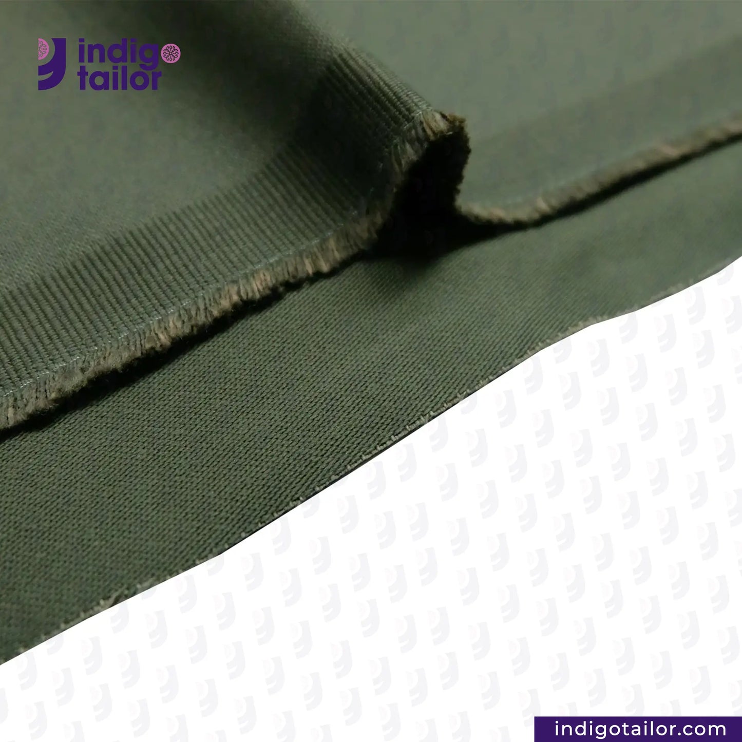 Close-up of OLIVE SATIN fabric with 'Indigotailor' logo and website URL.