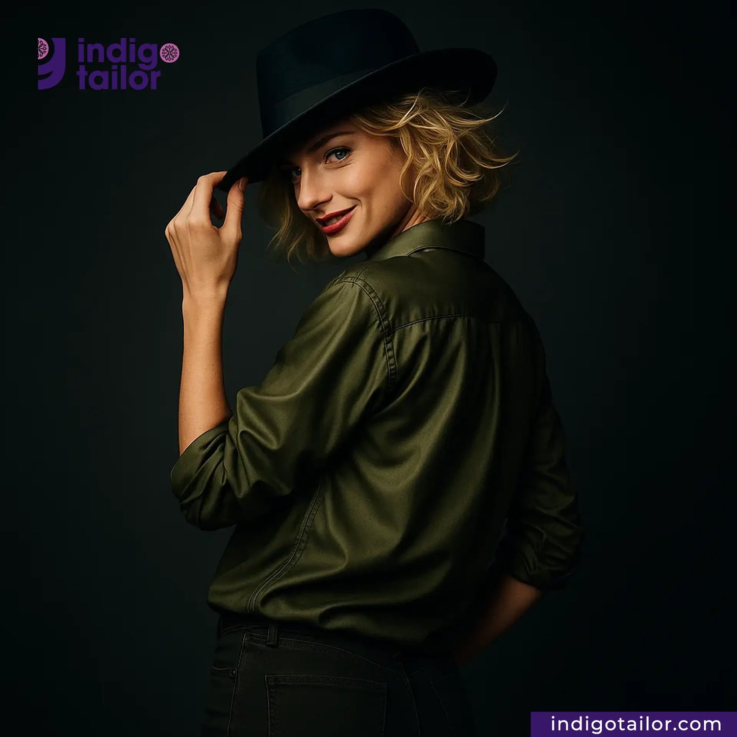 Woman wearing a OLIVE SATIN shirt against a dark background with 'Indigo Tailor' branding.