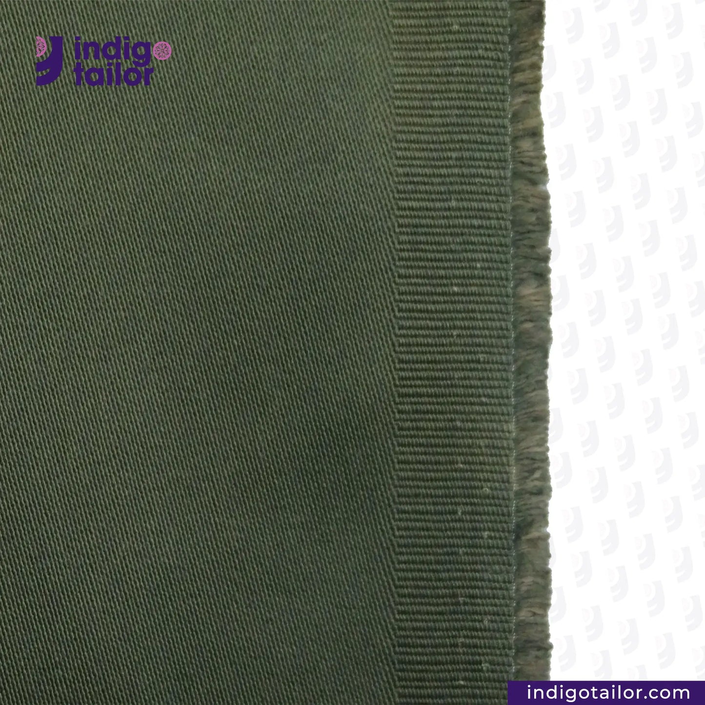 Close-up of OLIVE SATIN fabric with a ribbed texture, featuring the Indigotailor logo.