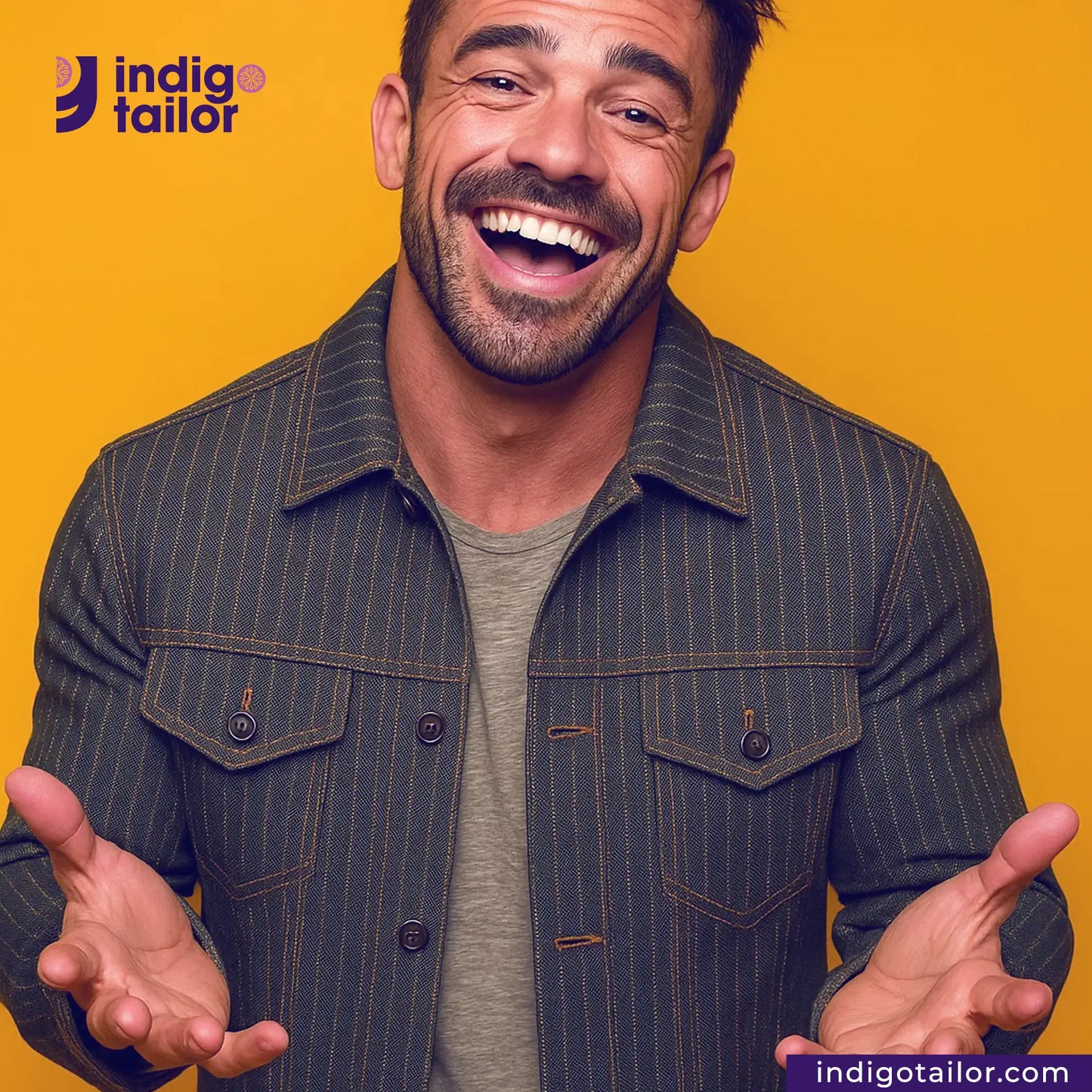 Man wearing a OLIVE WABASH SELVEDGE DENIM jacket with Indigotailor logo on yellow background
