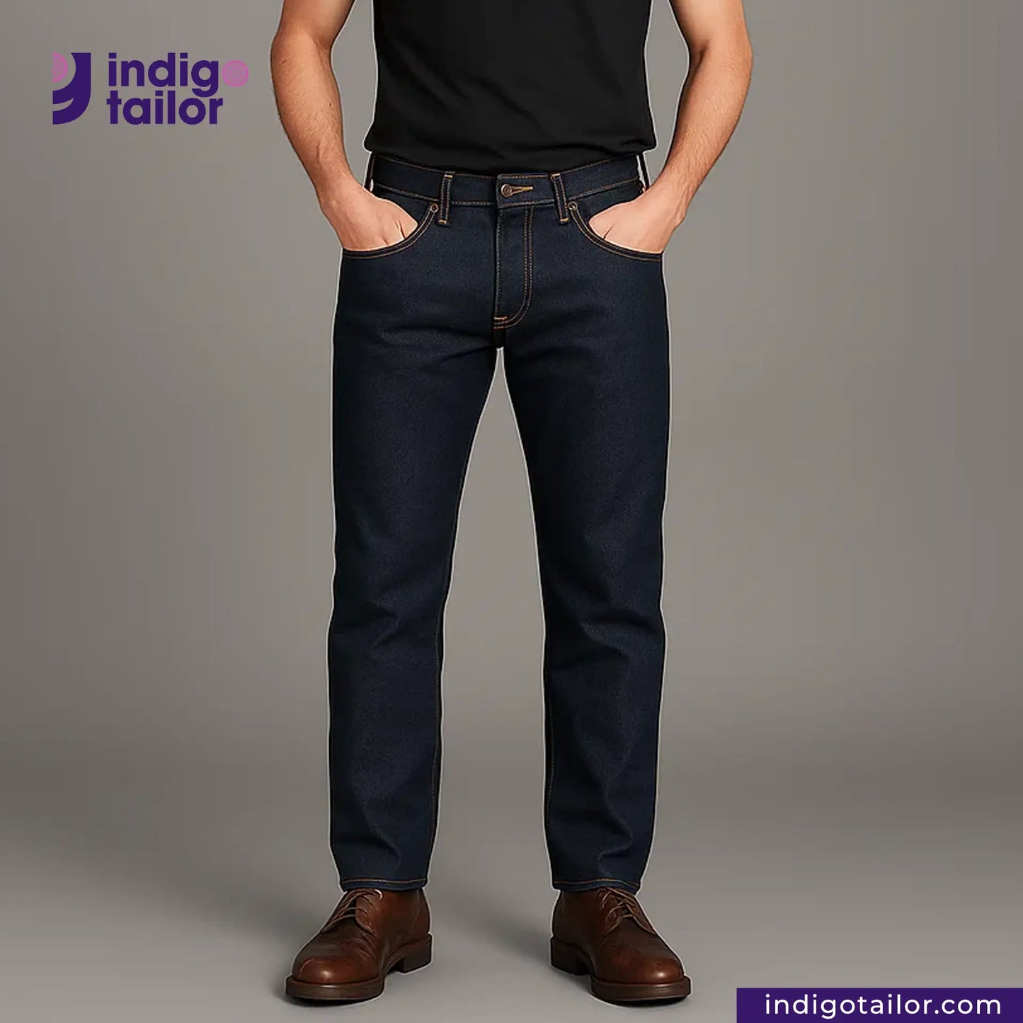 Person wearing OMOTAI GREENCAST SELVEDGE DENIM jeans and brown shoes on a gray background with 'Indigotailor' branding.