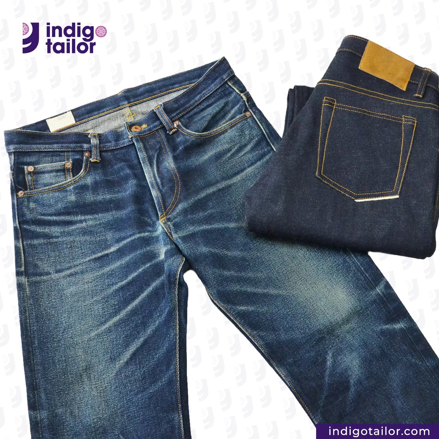 Pair of blue jeans with a folded piece of denim, branded 'Indigo Tailor'.