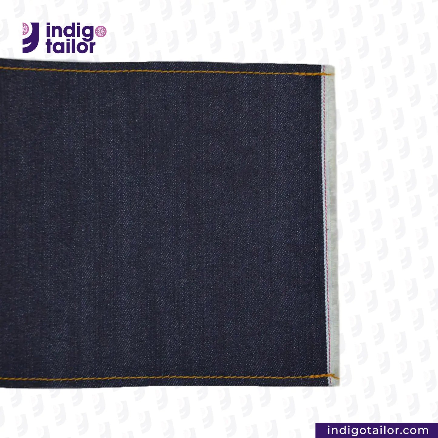 Close-up of ORIGINAL BLUE SELVEDGE DENIM fabric with 'indigotailor' branding on a white background.