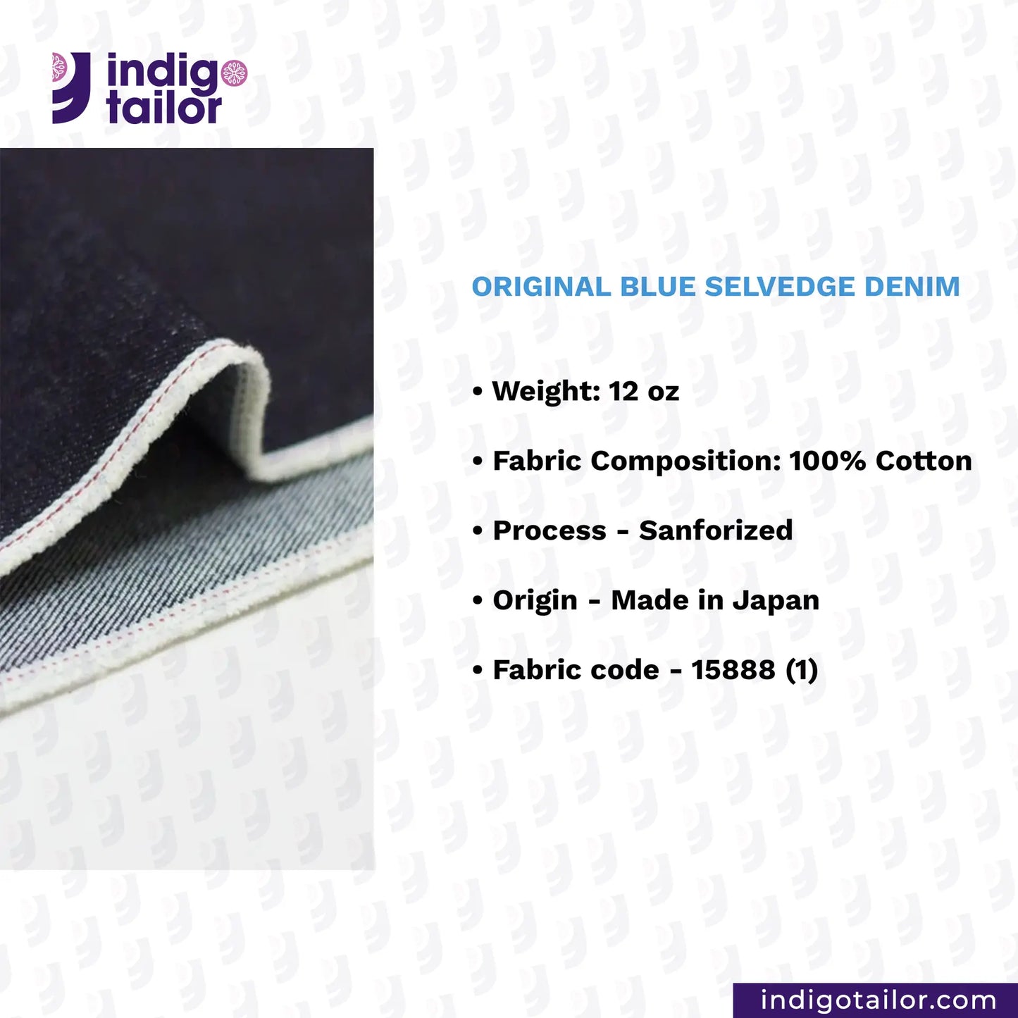 ORIGINAL BLUE SELVEDGE DENIM fabric with product details on a white background