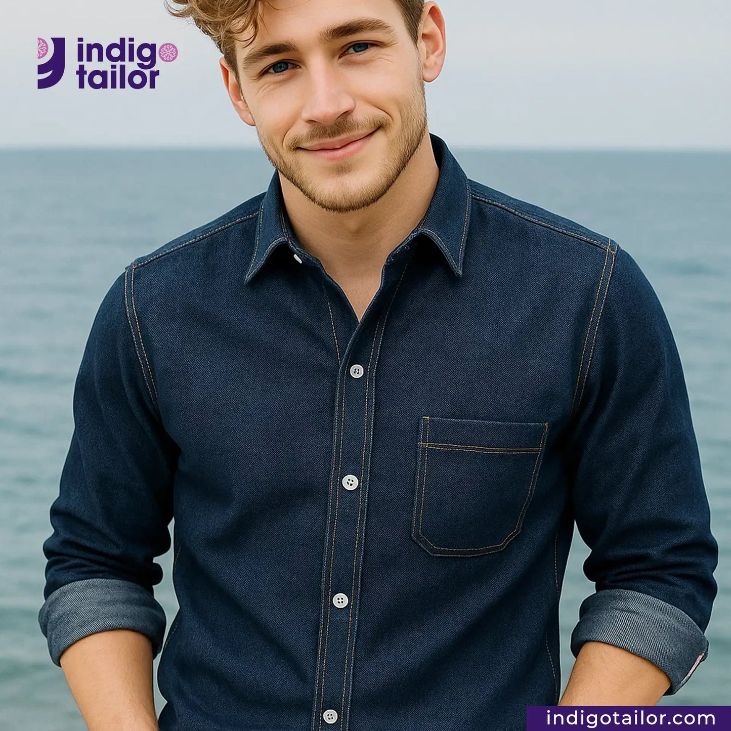 Man wearing a ORIGINAL BLUE SELVEDGE DENIM shirt with a blurred ocean background and Indigotailor logo.