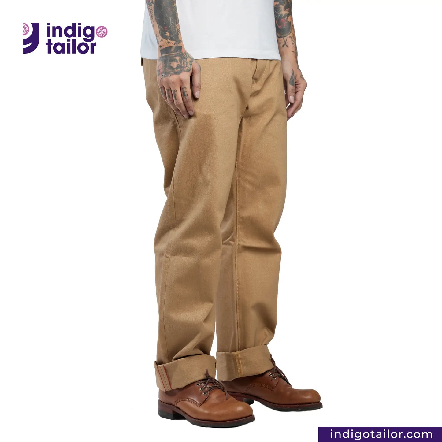 Person wearing Officer Trousers (Khaki) pants with 'Indigo Tailor' logo on a white background
