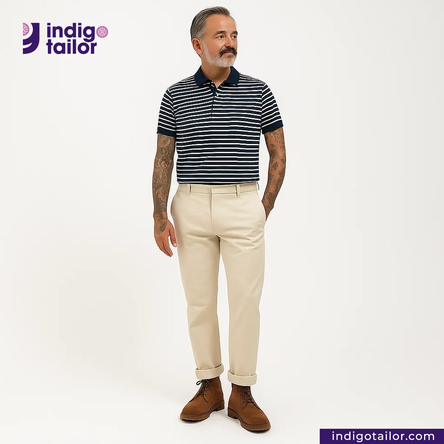 Man wearing a striped polo shirt and Officer Trousers (Off-White) pants with 'Indigo Tailor' logo.