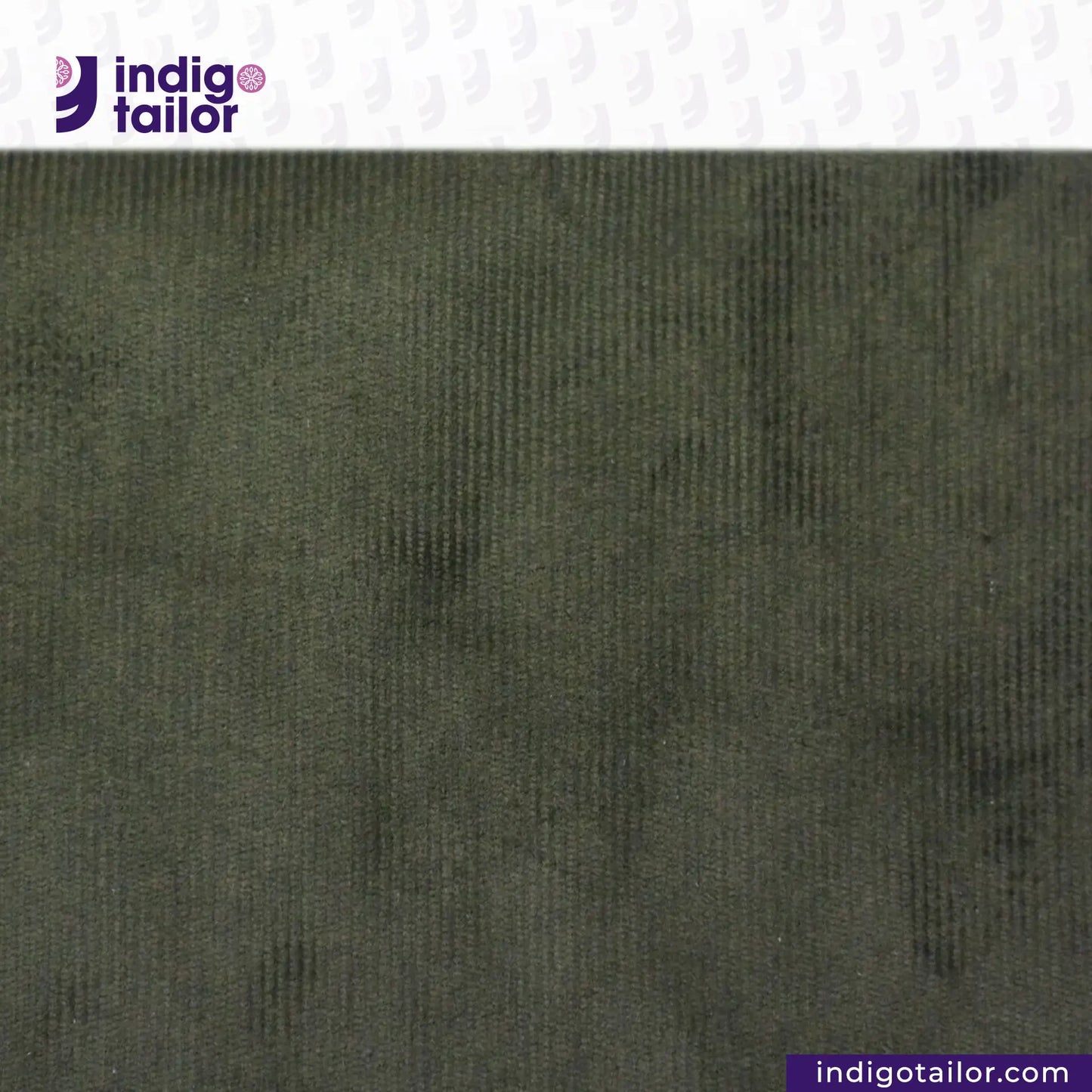 Textured Olive Green Corduroy fabric with 'indigotailor' logo at the top