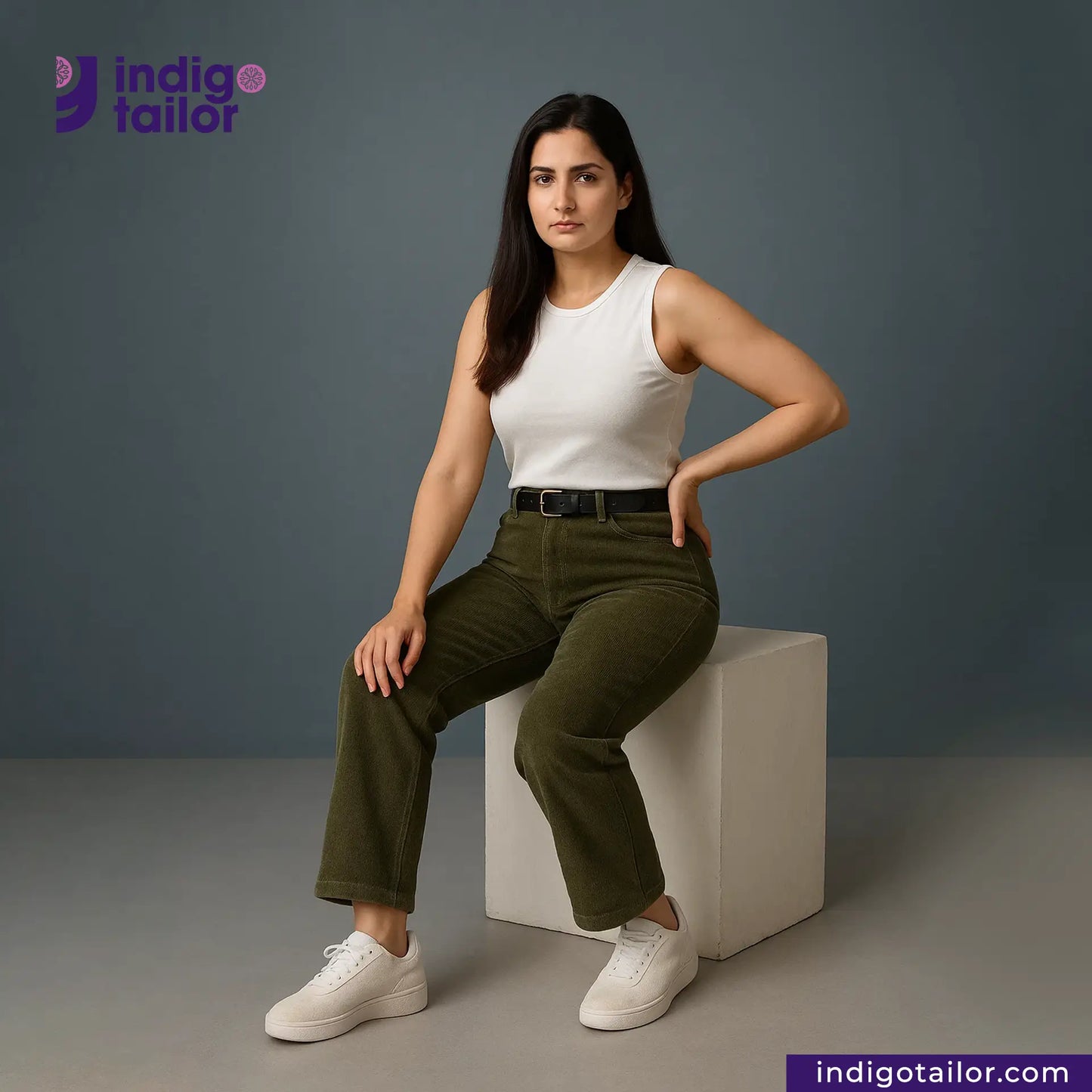 Woman sitting on a white cube wearing a white tank top and Olive Green Corduroy pants, with 'Indigotailor' branding.