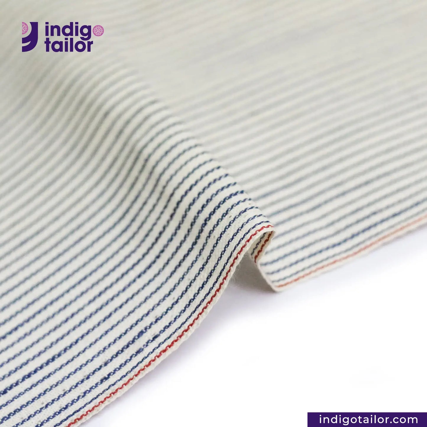 RAILROAD SELVEDGE HICKORY fabric with blue and red lines on a white background, featuring the Indigotailor logo.