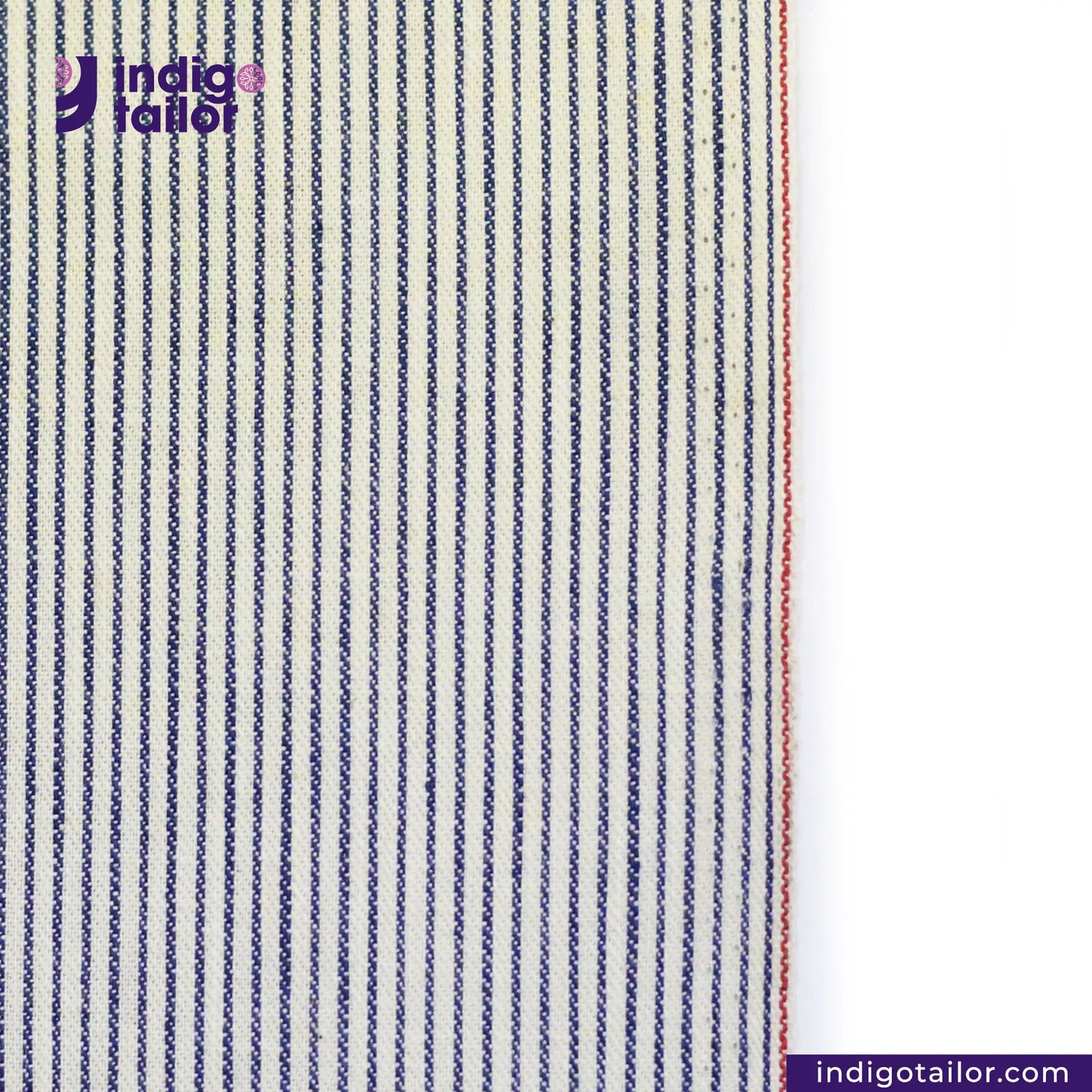 RAILROAD SELVEDGE HICKORY fabric with blue and white stripes on a white background, featuring the Indigotailor logo.
