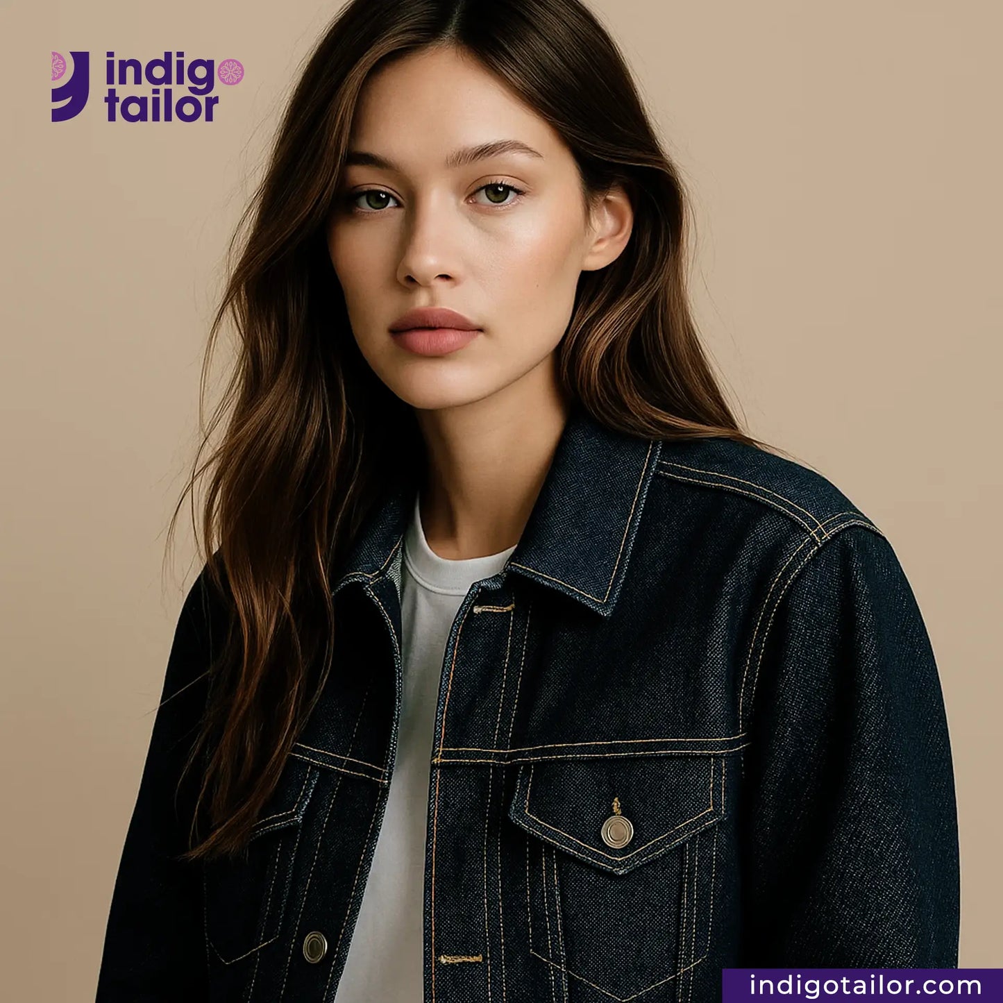 Woman wearing a RIGID INDIGO SELVEDGE DENIM jacket with Indigotailor logo and website on a beige background