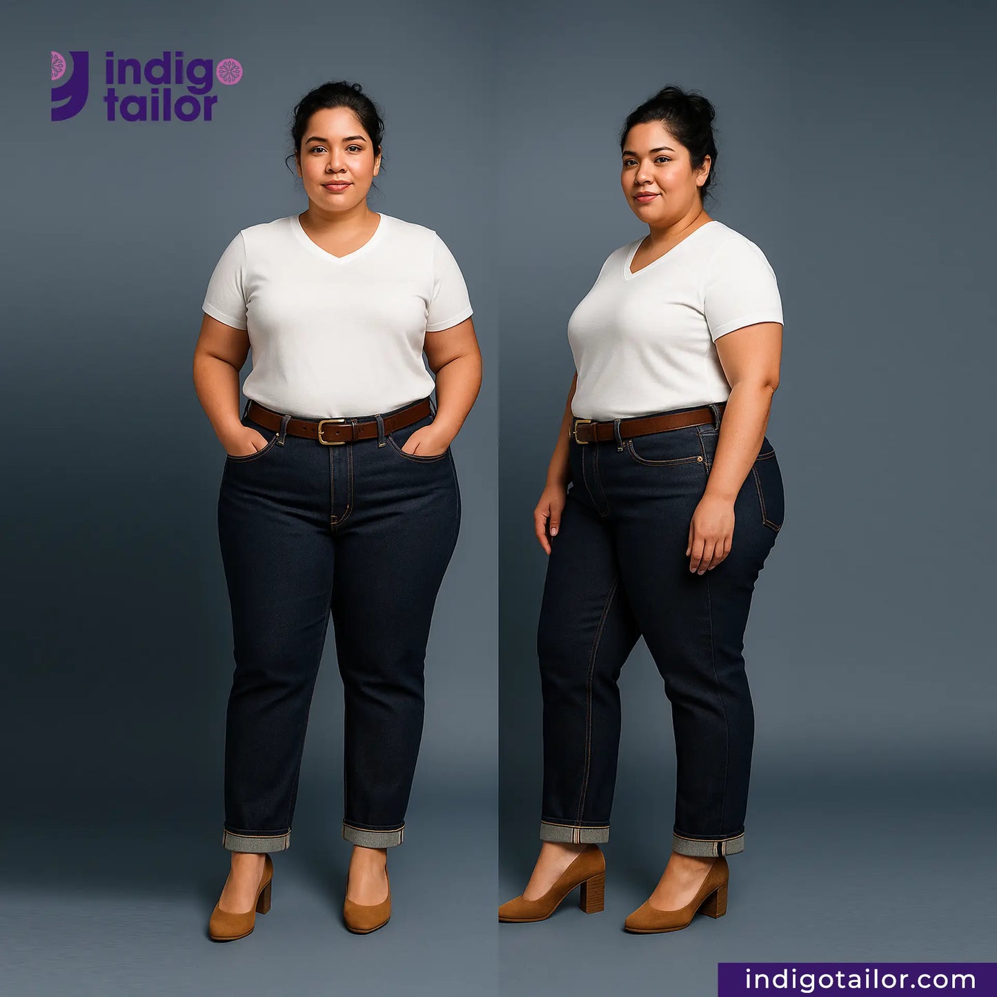 Two women wearing white t-shirts and RIGID INDIGO SELVEDGE DENIM jeans with 'indigotailor' branding.