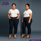 Two women wearing white t-shirts and RIGID INDIGO SELVEDGE DENIM jeans with 'indigotailor' branding.