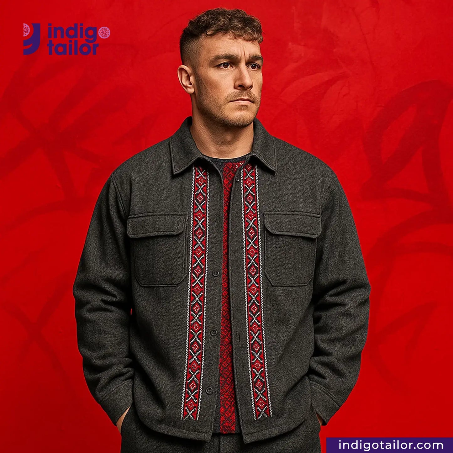 Man wearing a ROUGH-SPUN DENIM FUZZY HANDFEEL jacket with red patterned details on a red background, featuring the Indigotailor logo.