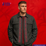 Man wearing a ROUGH-SPUN DENIM FUZZY HANDFEEL jacket with red patterned details on a red background, featuring the Indigotailor logo.