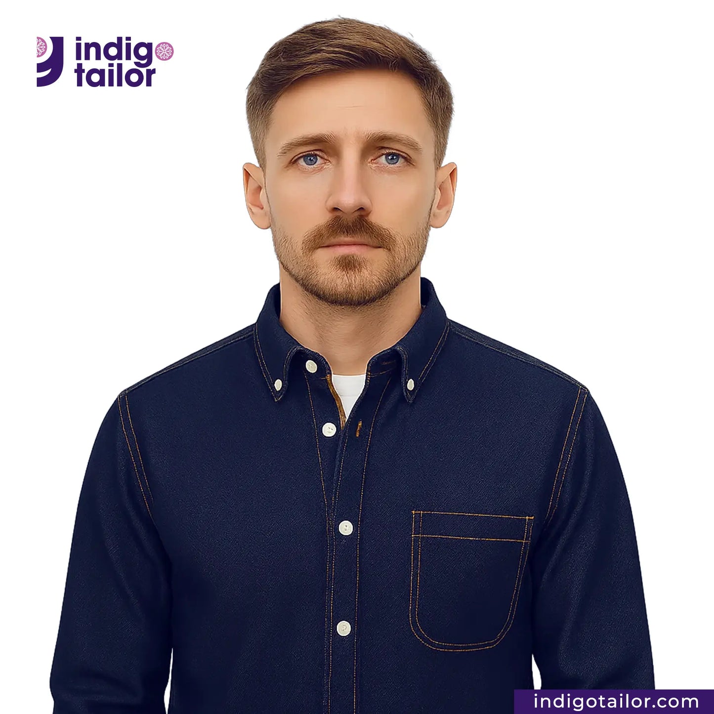 Man wearing a SATURATED INDIGO GOLDEN SELVEDGE shirt with Indigotailor logo and website on a white background