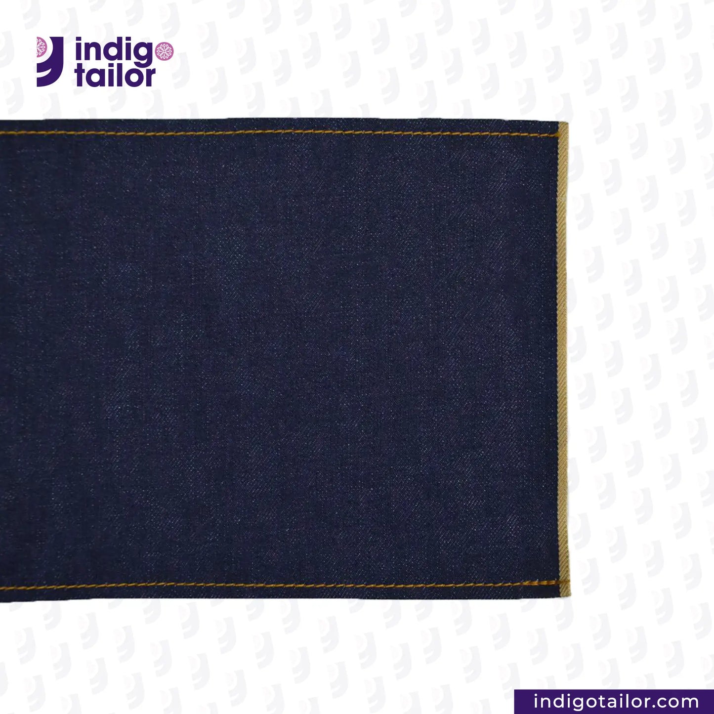 SATURATED INDIGO GOLDEN SELVEDGE fabric with yellow stitching on a white background, featuring the Indigo Tailor logo.