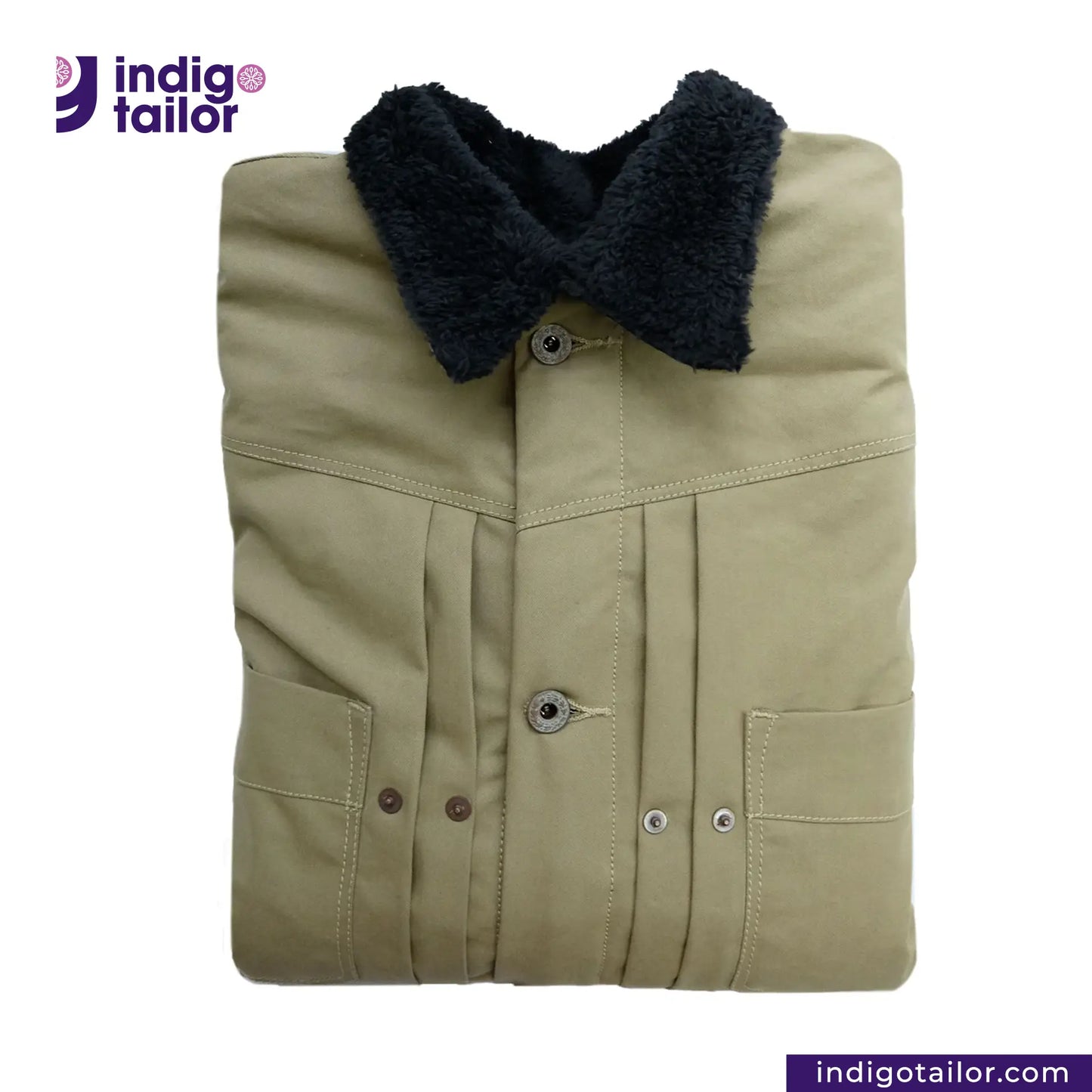 Folded SHERPA LINED WAXED CANVAS TRUCKER JACKET with black fur collar on a white background, featuring Indigotailor logo.