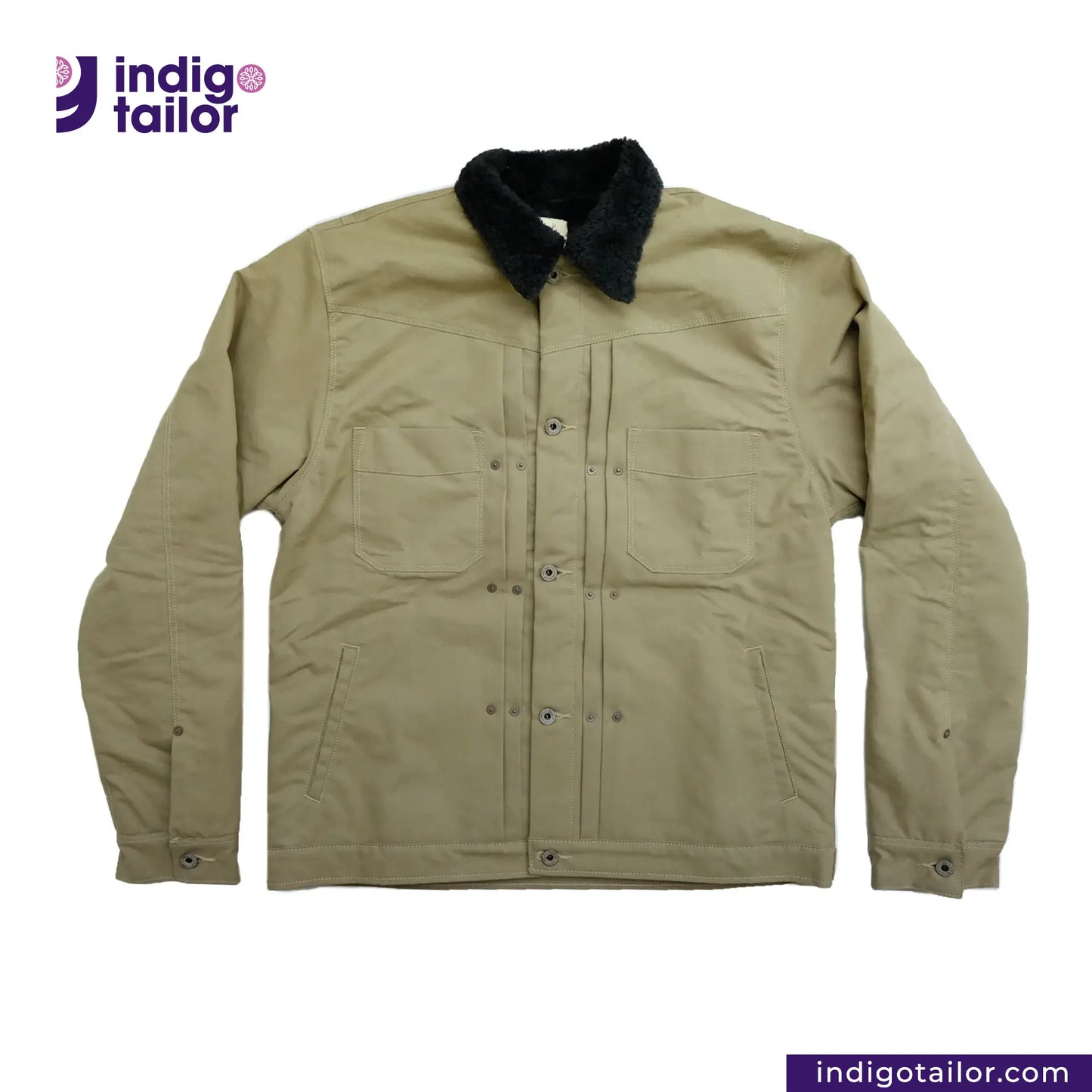 SHERPA LINED WAXED CANVAS TRUCKER JACKET jacket with black collar on a white background, featuring the Indigotailor logo.