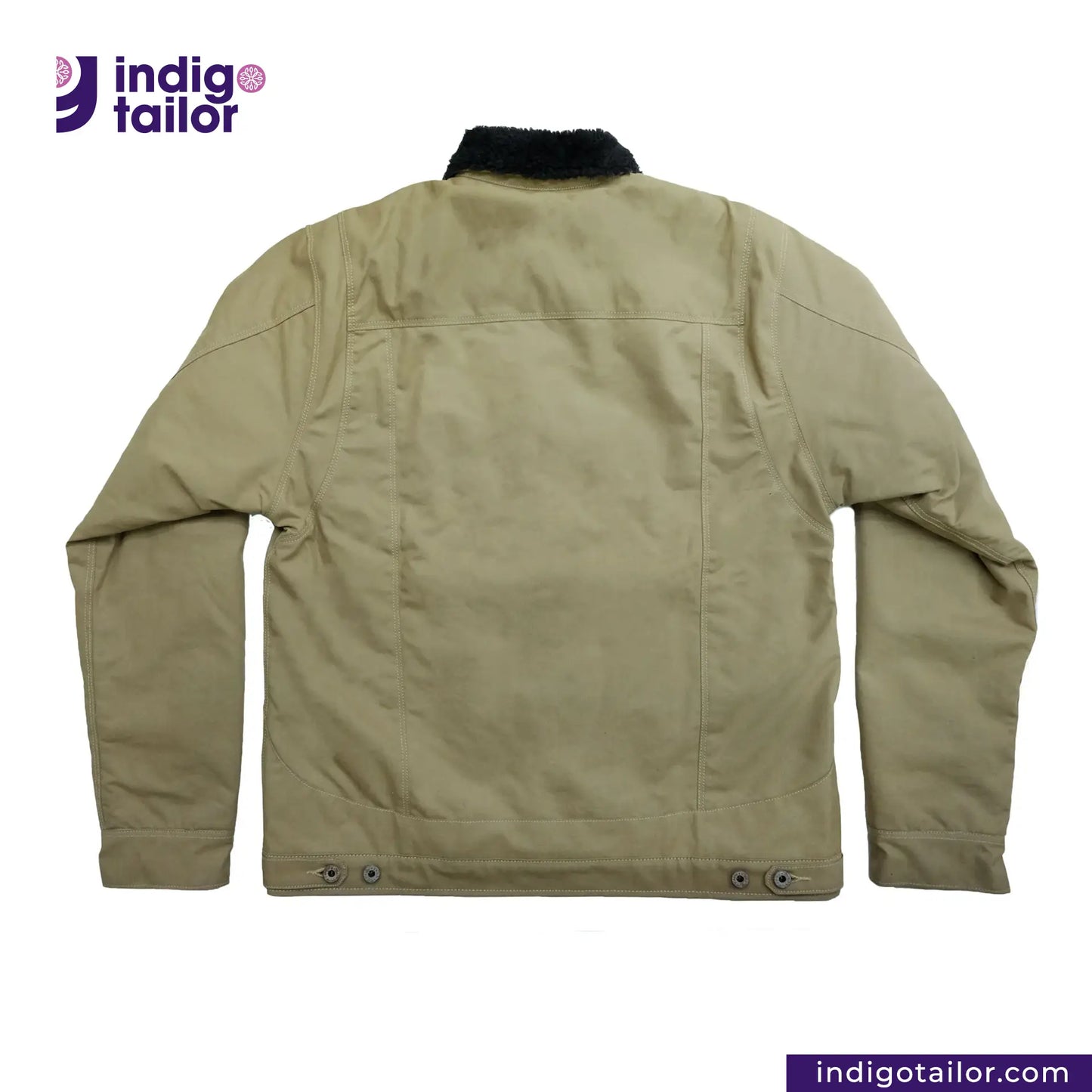 SHERPA LINED WAXED CANVAS TRUCKER JACKET with black collar on a white background, featuring 'Indigo Tailor' logo.