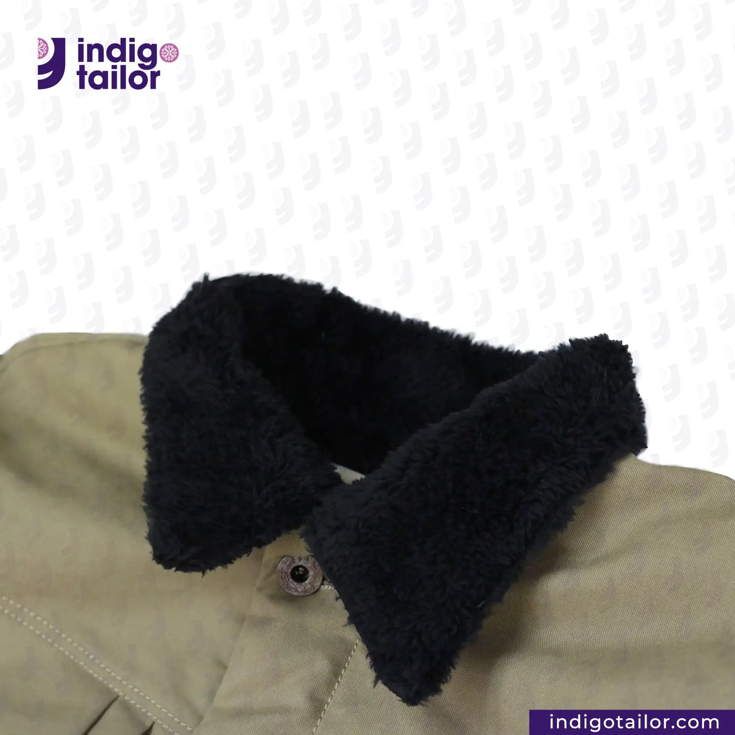 Black fur collar on a SHERPA LINED WAXED CANVAS TRUCKER JACKET with 'indigotailor' branding.
