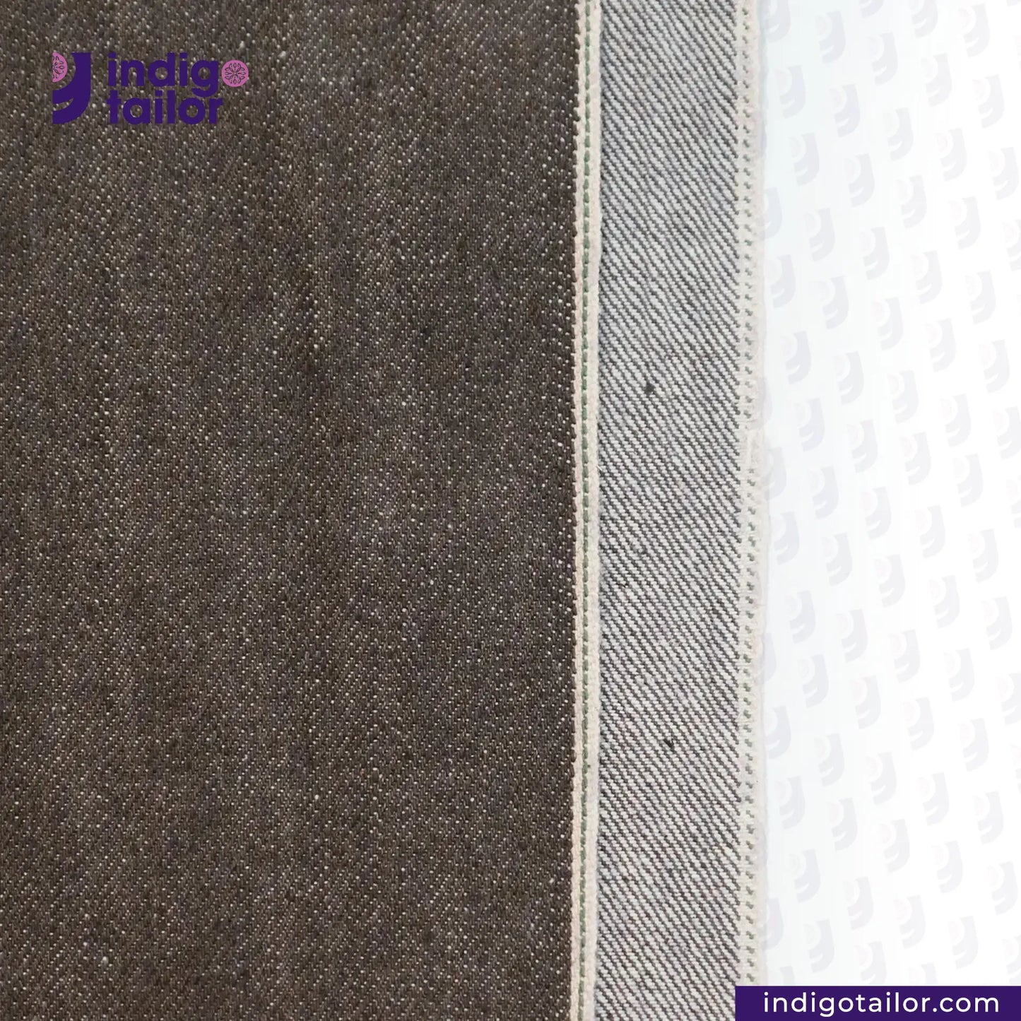 Close-up of SLUBBY BROWN SELVEDGE DENIM fabric with 'Indigotailor' logo.