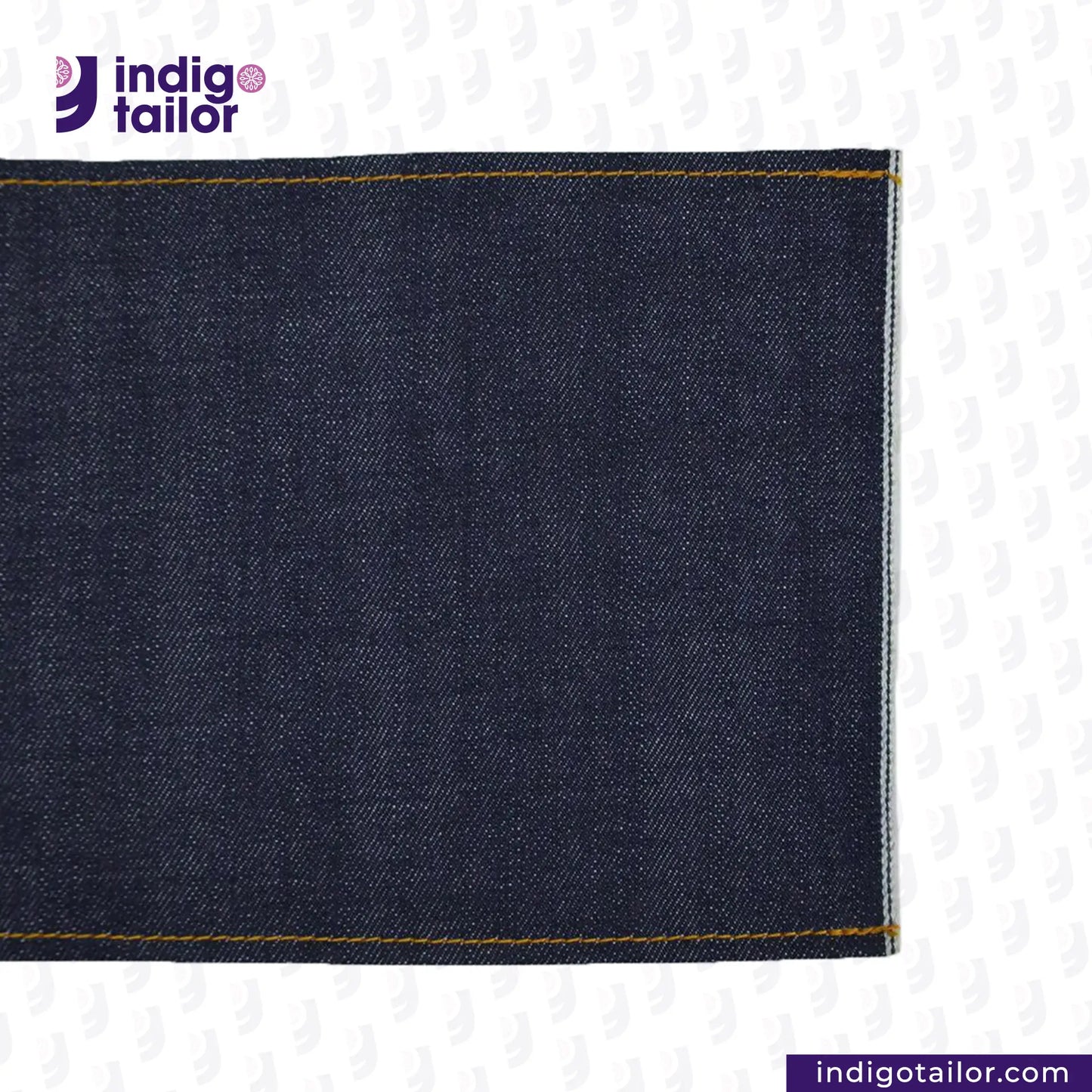 Close-up of SLUBBY INDIGO SELVEDGE DENIM fabric with 'Indigo Tailor' logo and website URL.
