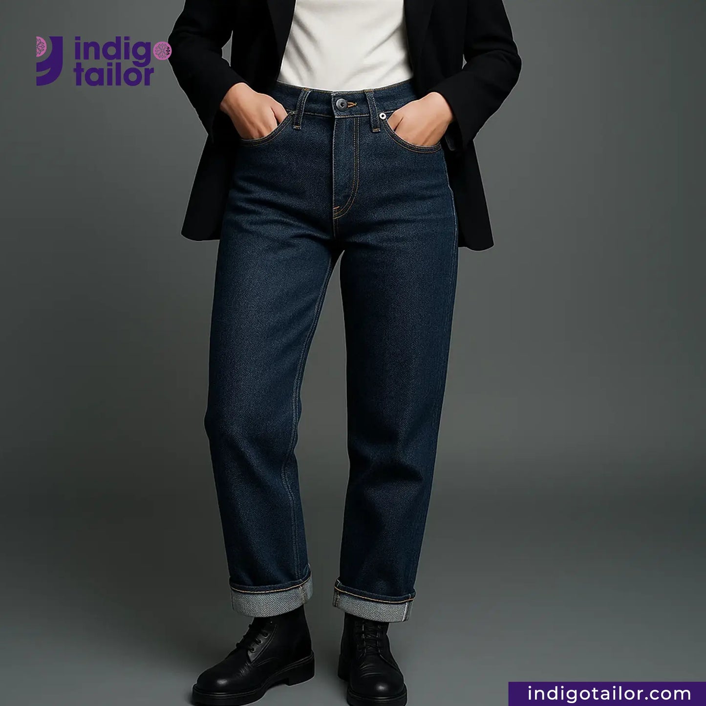 Person wearing SLUBBY INDIGO SELVEDGE DENIM jeans with a gray background and 'Indigotailor' branding.