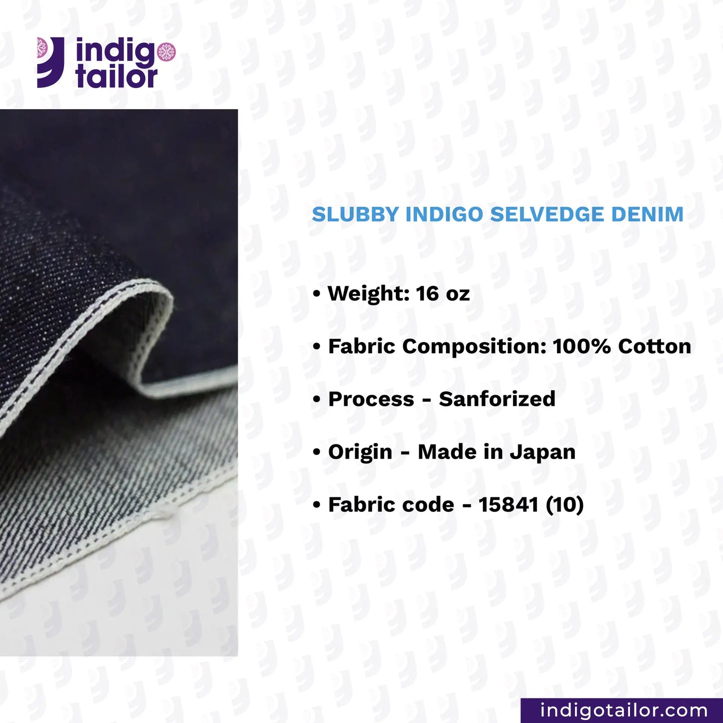 Slubby indigo selvedge denim with product details on a white background