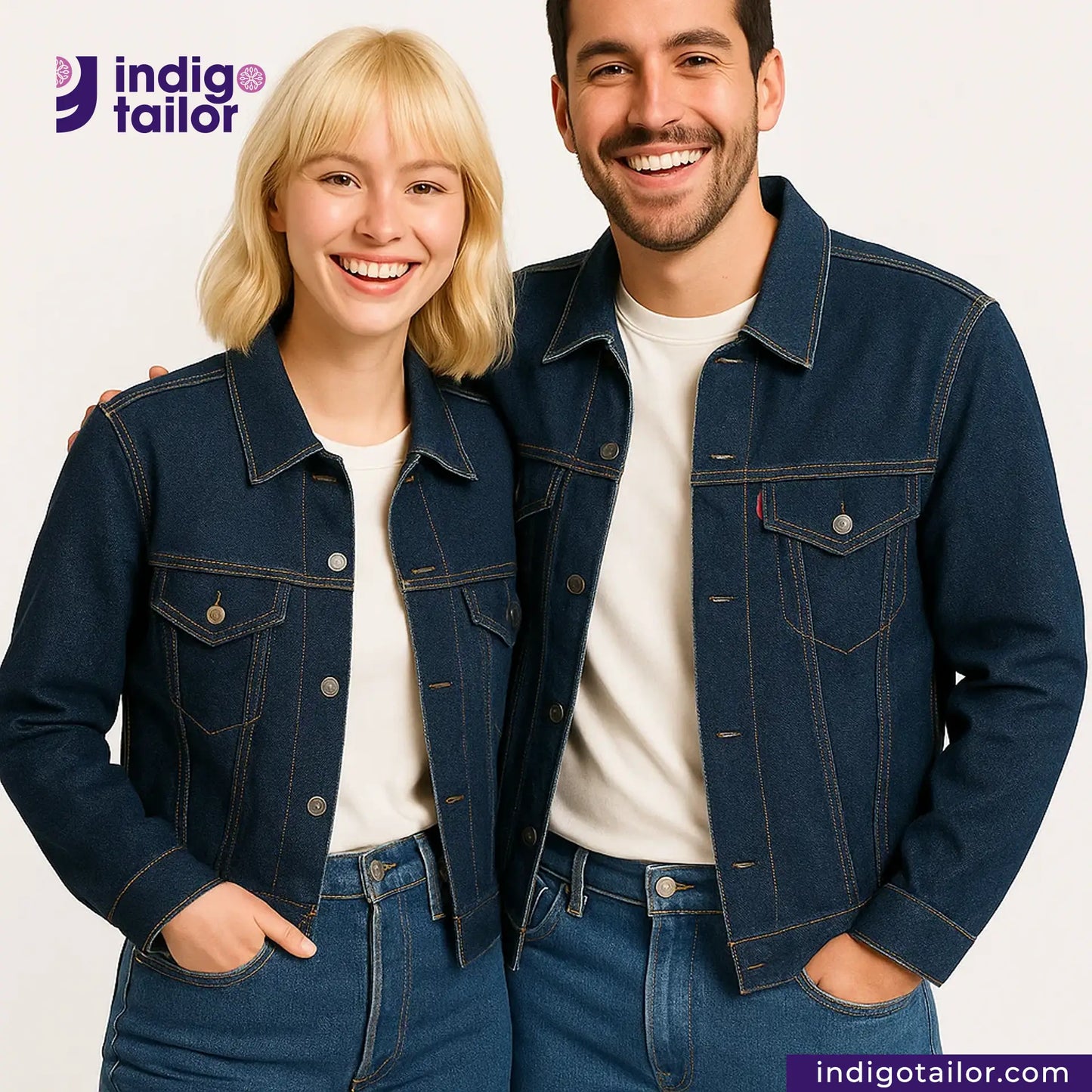 Two people wearing SLUBBY INDIGO SELVEDGE DENIM jackets with Indigotailor logo and website.