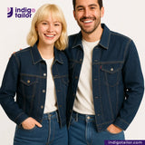 Two people wearing SLUBBY INDIGO SELVEDGE DENIM jackets with Indigotailor logo and website.