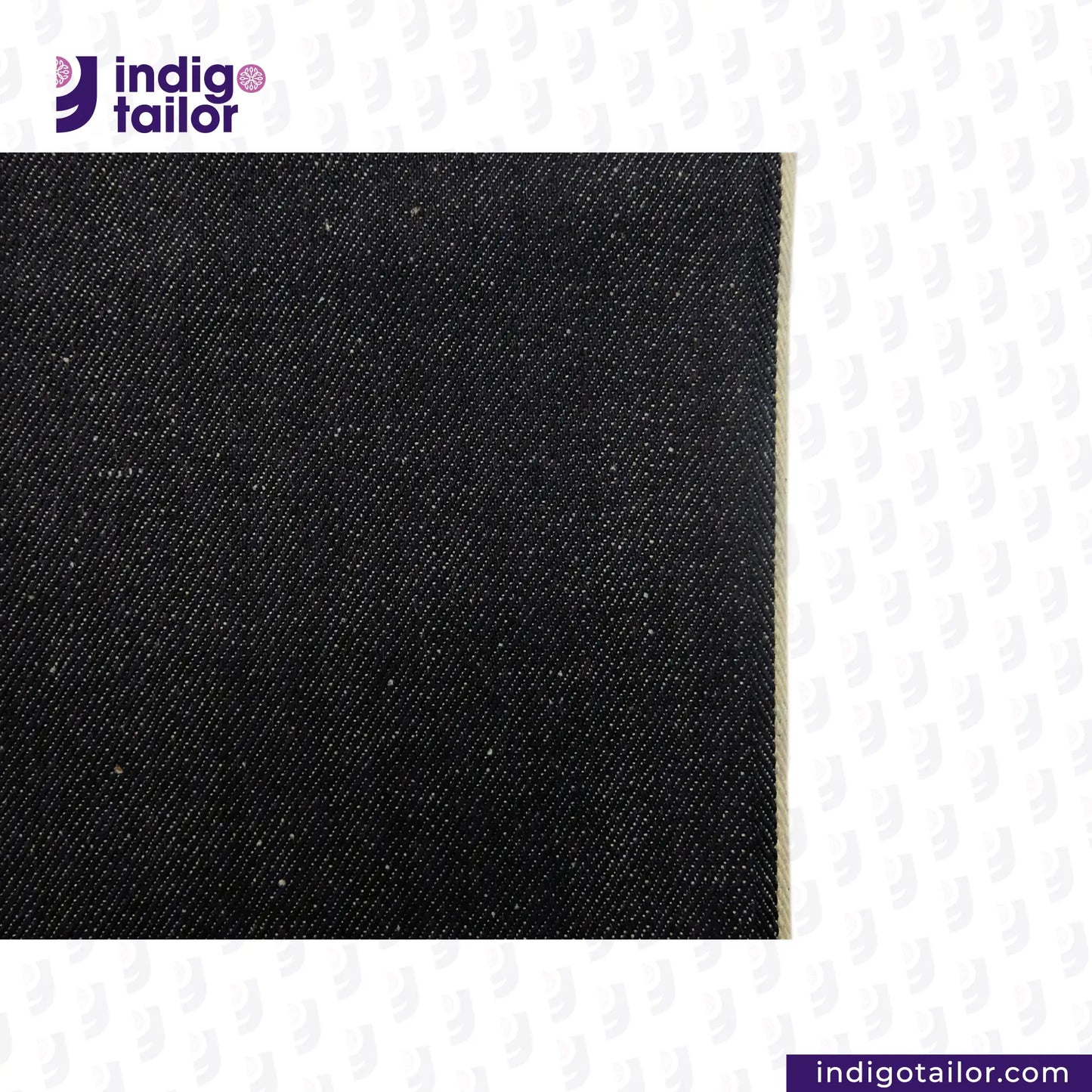SNOWY NEPPY WHITE SELVEDGE DENIM fabric swatch with Indigotailor logo and website on a white background