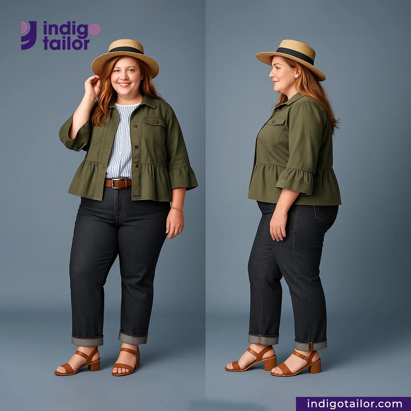 Woman wearing a green jacket, SPACE GREY DENIM pants, and a straw hat on a gray background with 'indig tailor' branding.