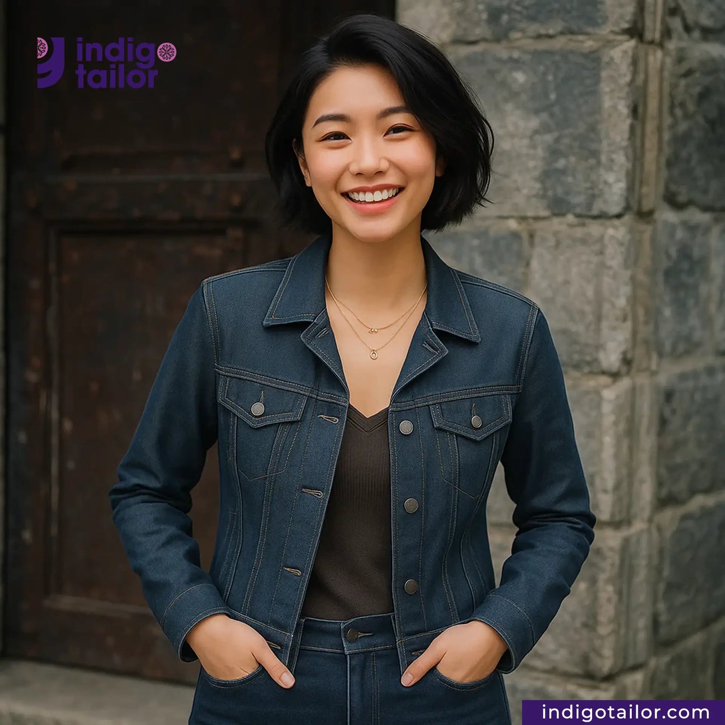 Woman wearing a SPACE GREY DENIM jacket standing against a stone wall with 'Indigo Tailor' branding.