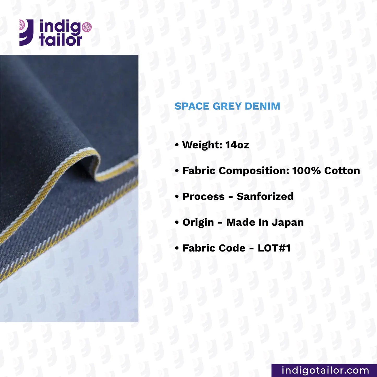 Space Grey Denim fabric with product details on a light gray background